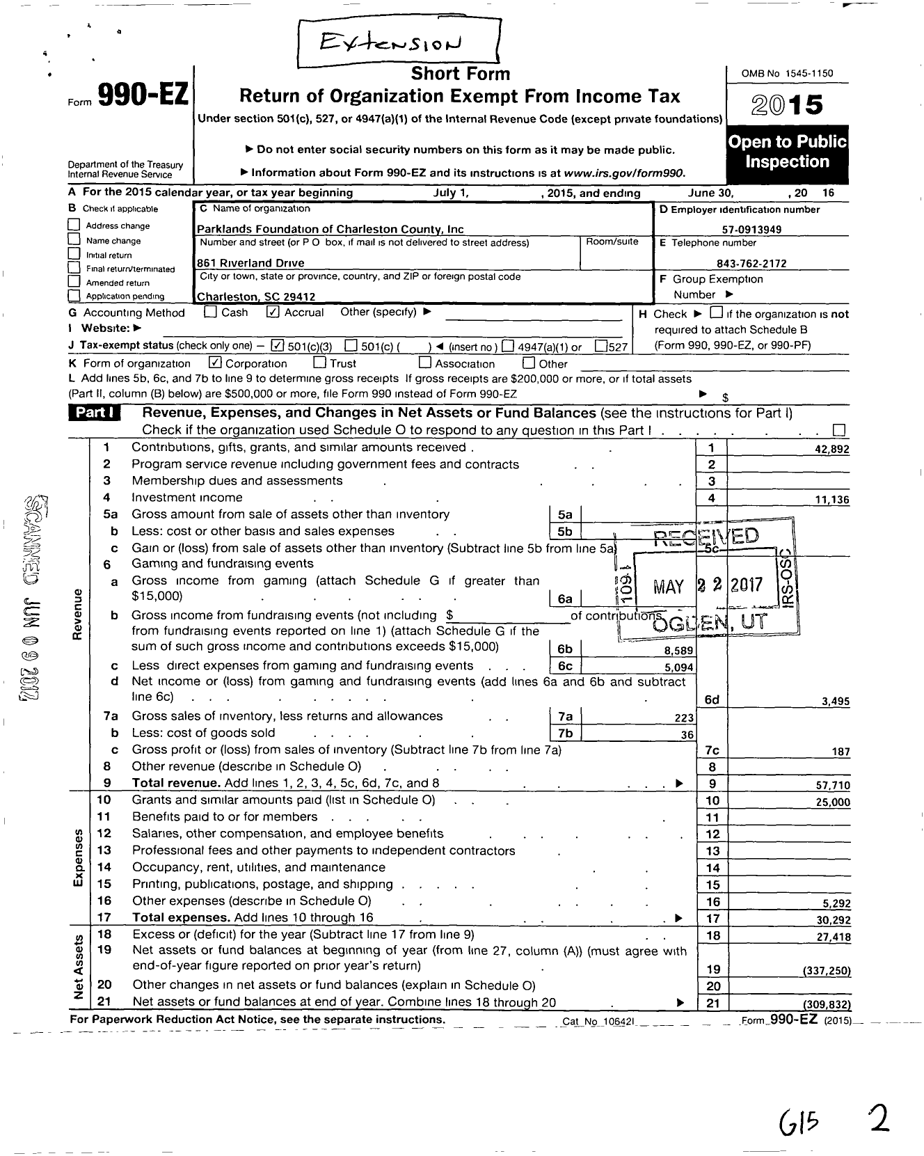 Image of first page of 2015 Form 990EZ for Charleston County Parks Foundation