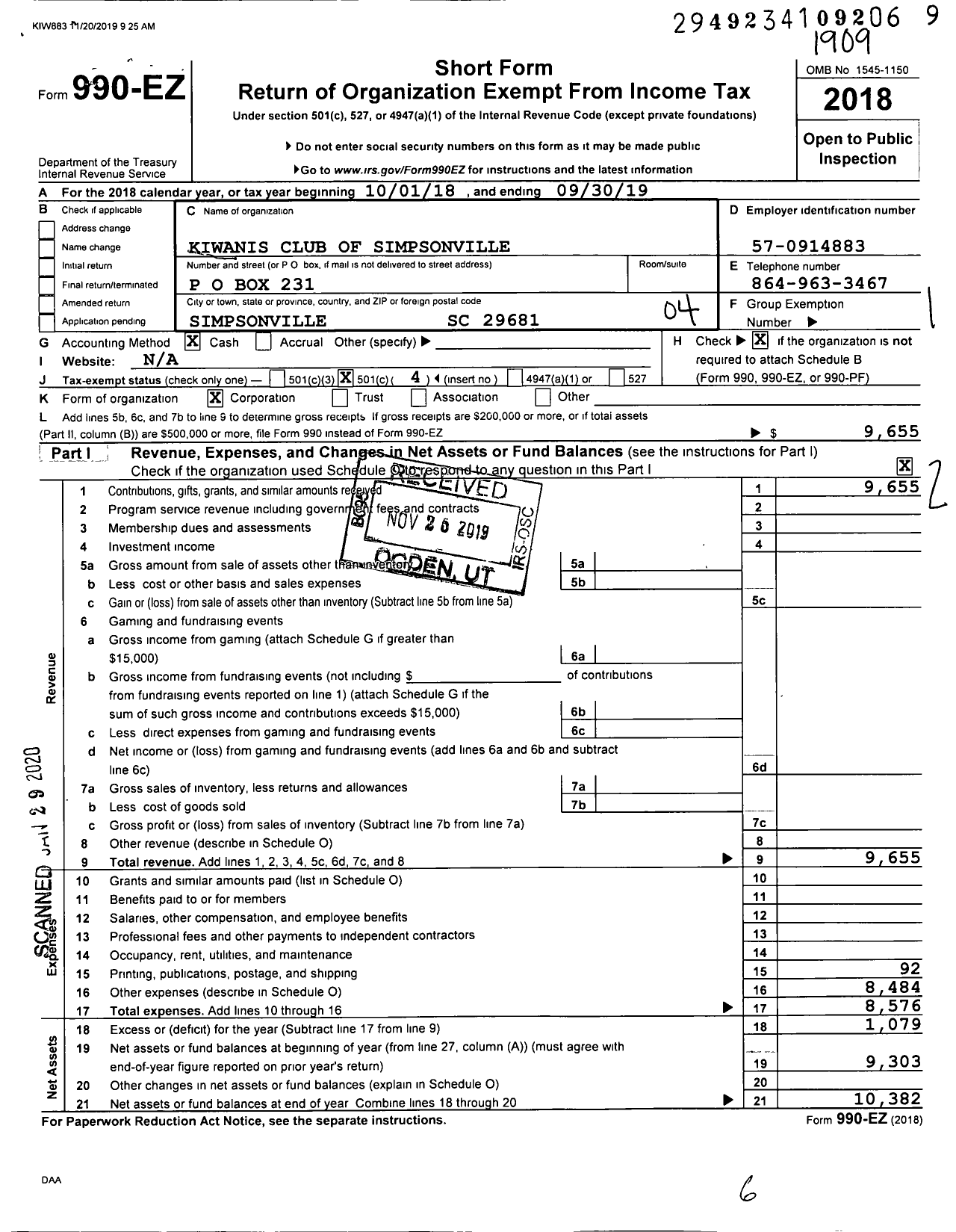 Image of first page of 2018 Form 990EO for Kiwanis International - K07497 Simpsonville