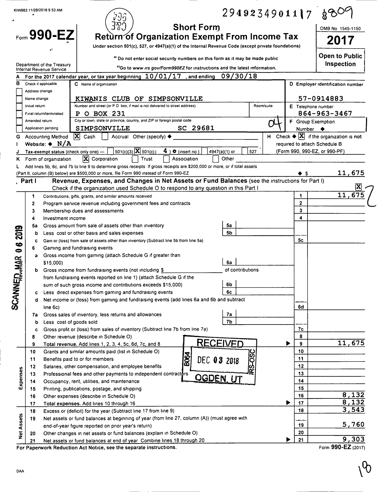 Image of first page of 2017 Form 990EO for Kiwanis International - K07497 Simpsonville