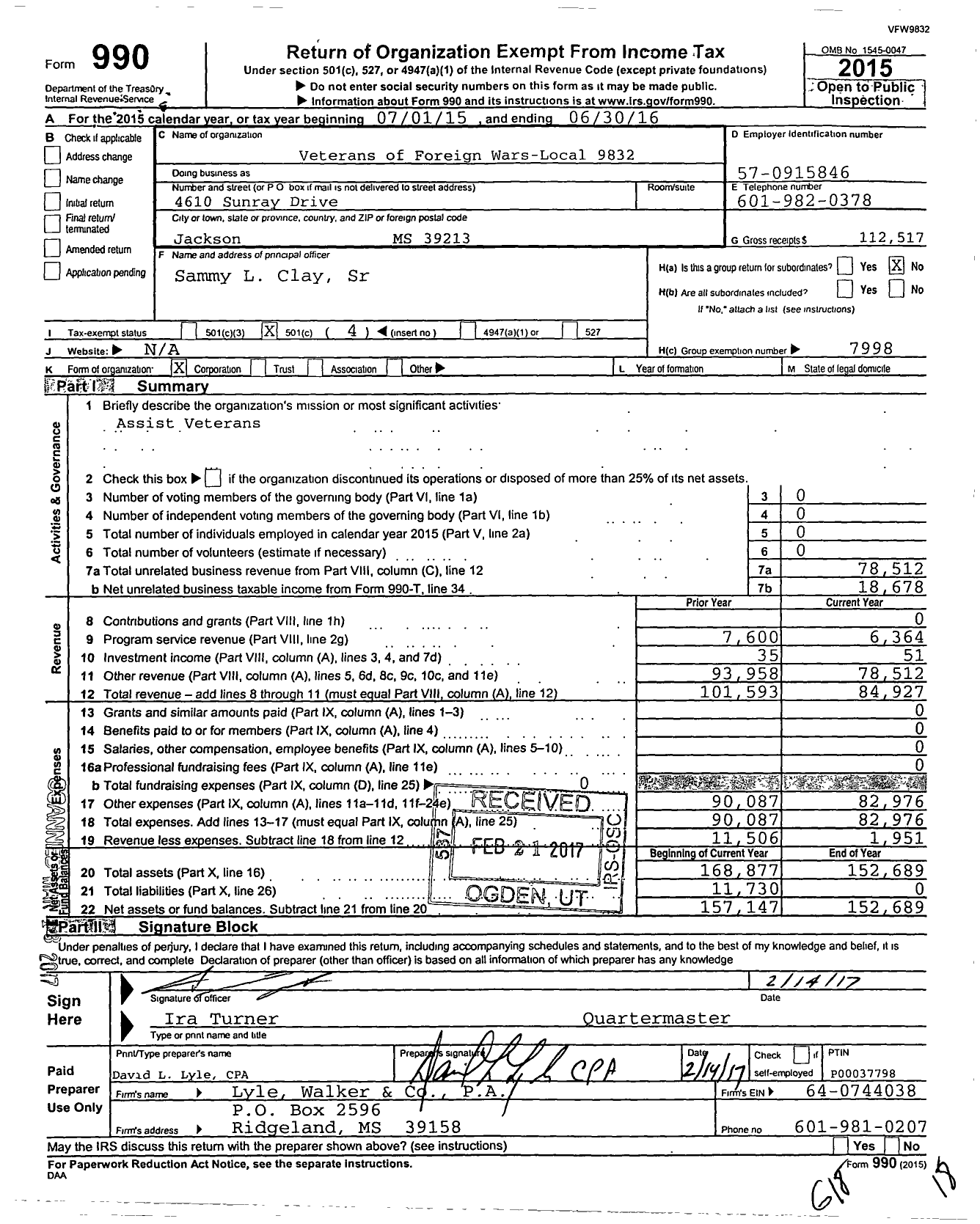 Image of first page of 2015 Form 990O for VETERANS OF FOREIGN Wars OF the United States Dept OF Mississippi - 9832 Brooks W Stewart Post