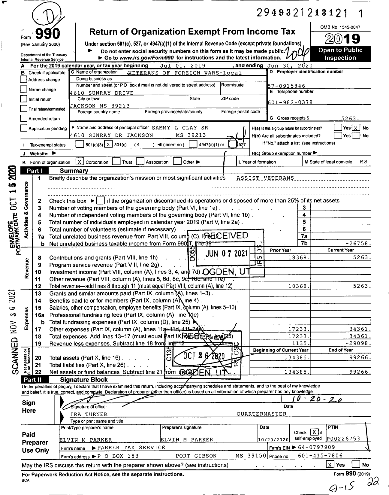 Image of first page of 2019 Form 990O for VETERANS OF FOREIGN Wars OF the United States Dept OF Mississippi - 9832 Brooks W Stewart Post