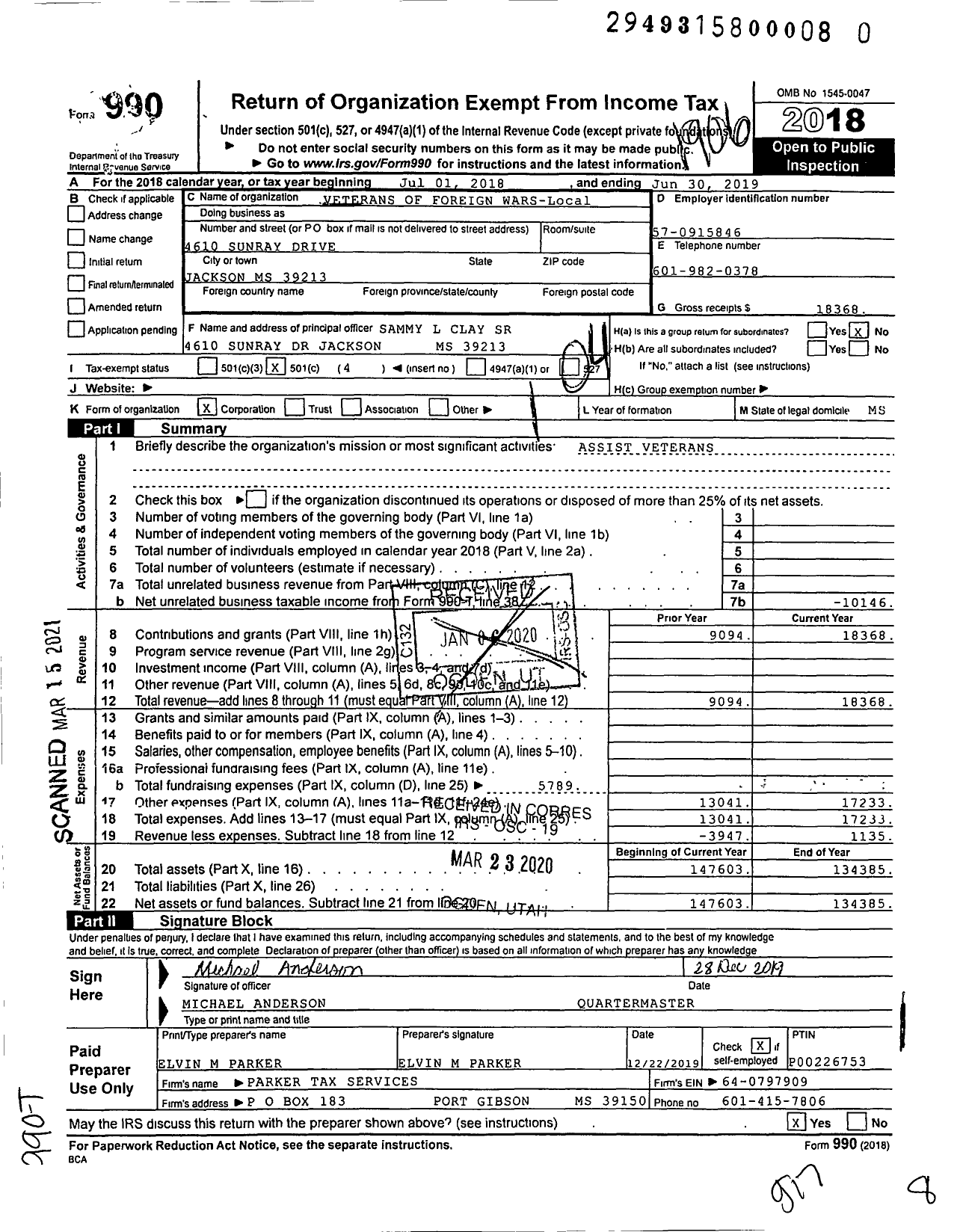 Image of first page of 2018 Form 990O for VETERANS OF FOREIGN Wars OF the United States Dept OF Mississippi - 9832 Brooks W Stewart Post