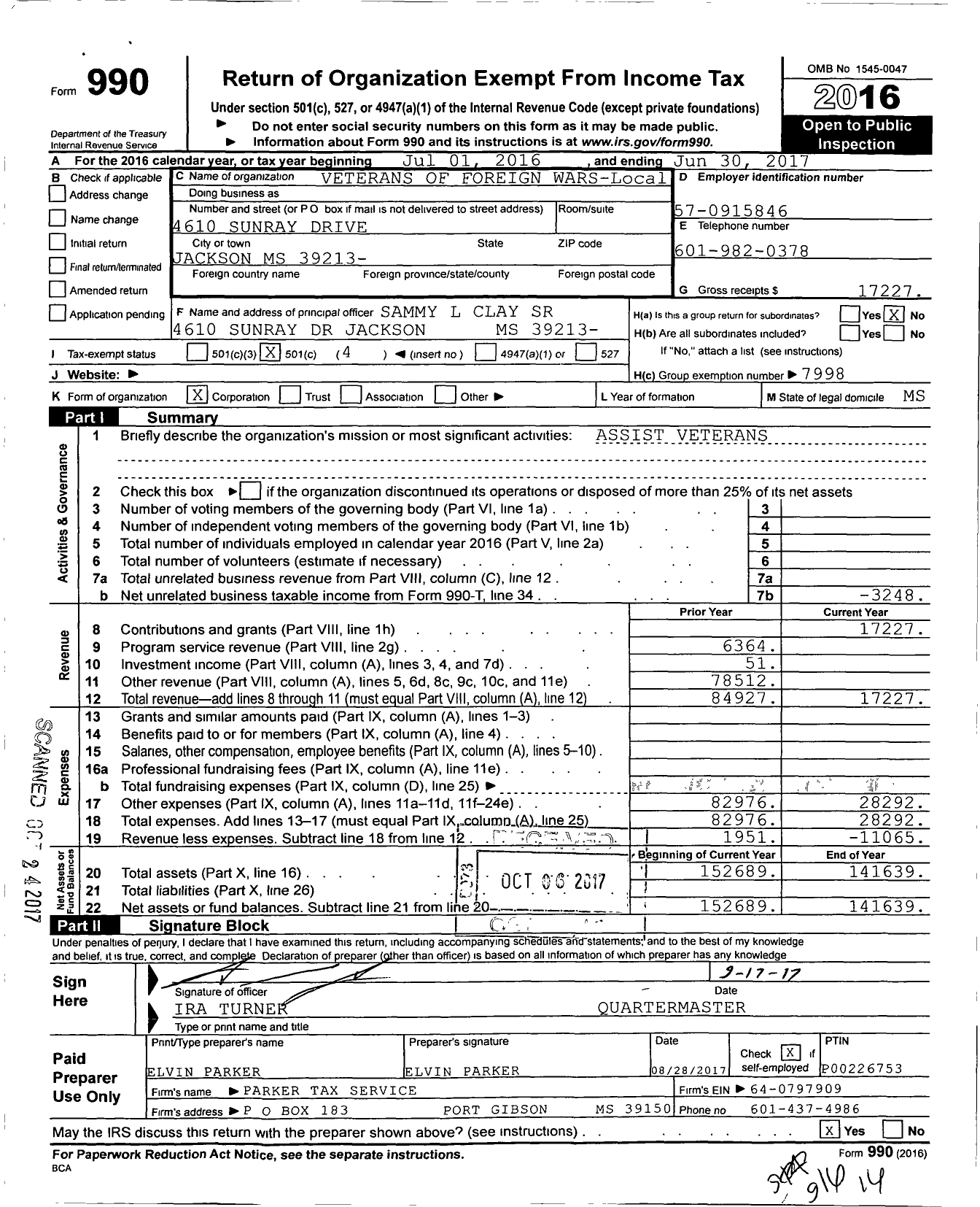 Image of first page of 2016 Form 990O for VETERANS OF FOREIGN Wars OF the United States Dept OF Mississippi - 9832 Brooks W Stewart Post