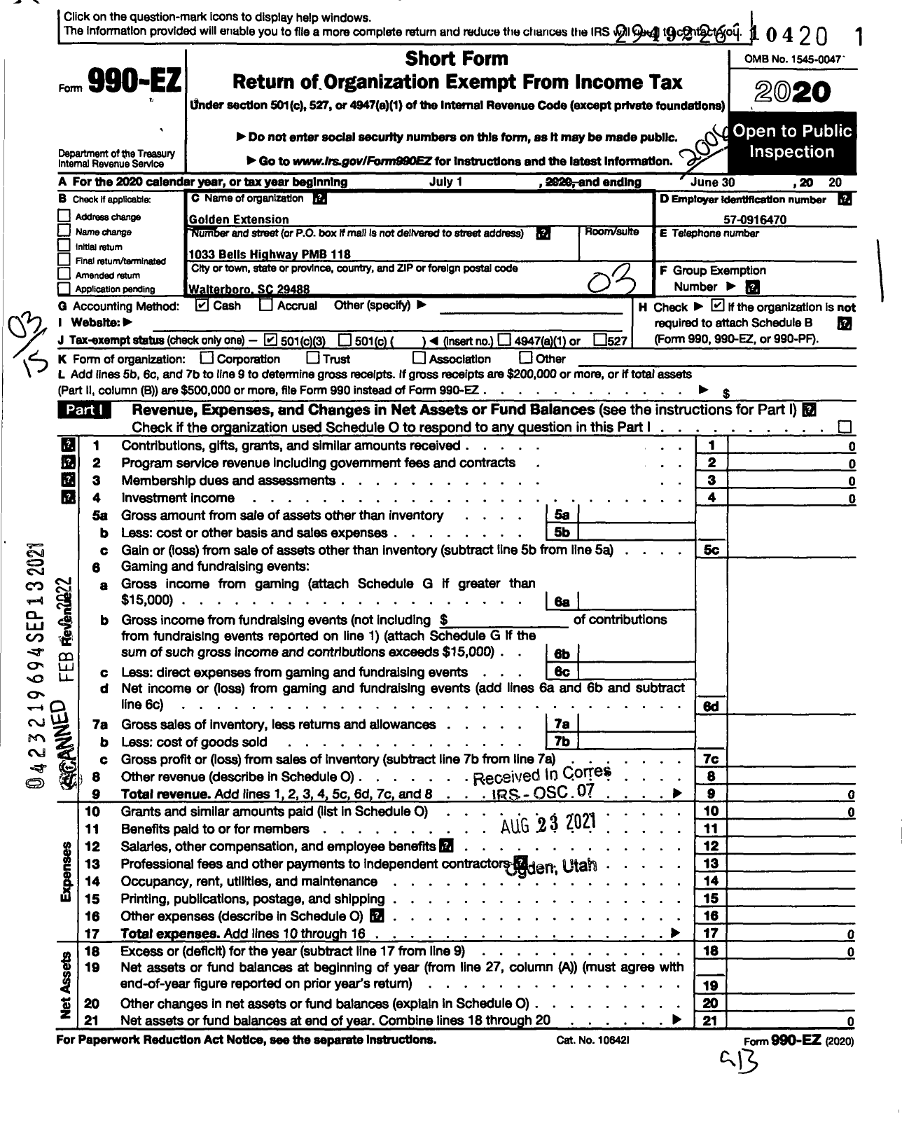 Image of first page of 2019 Form 990EZ for Golden Extension