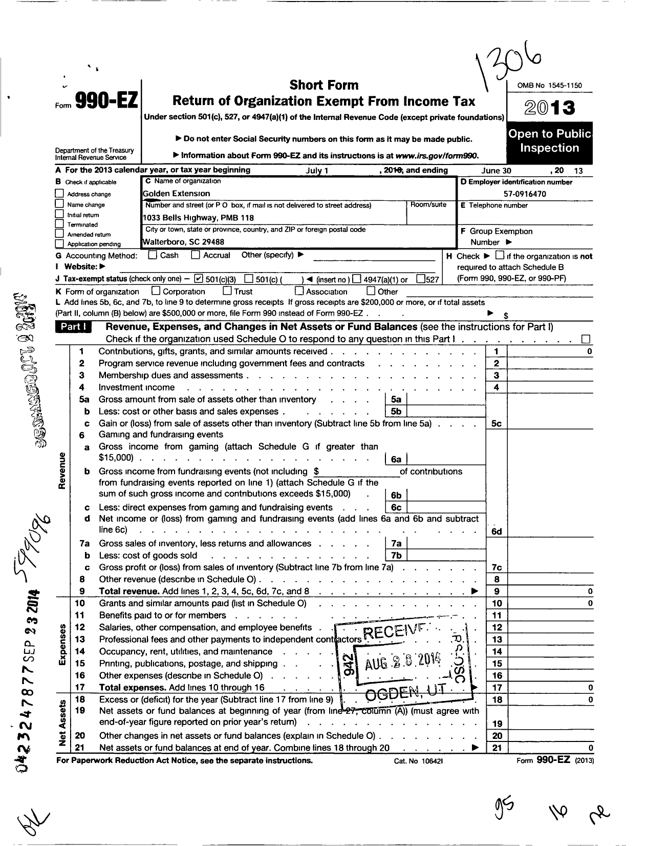 Image of first page of 2012 Form 990EZ for Golden Extension