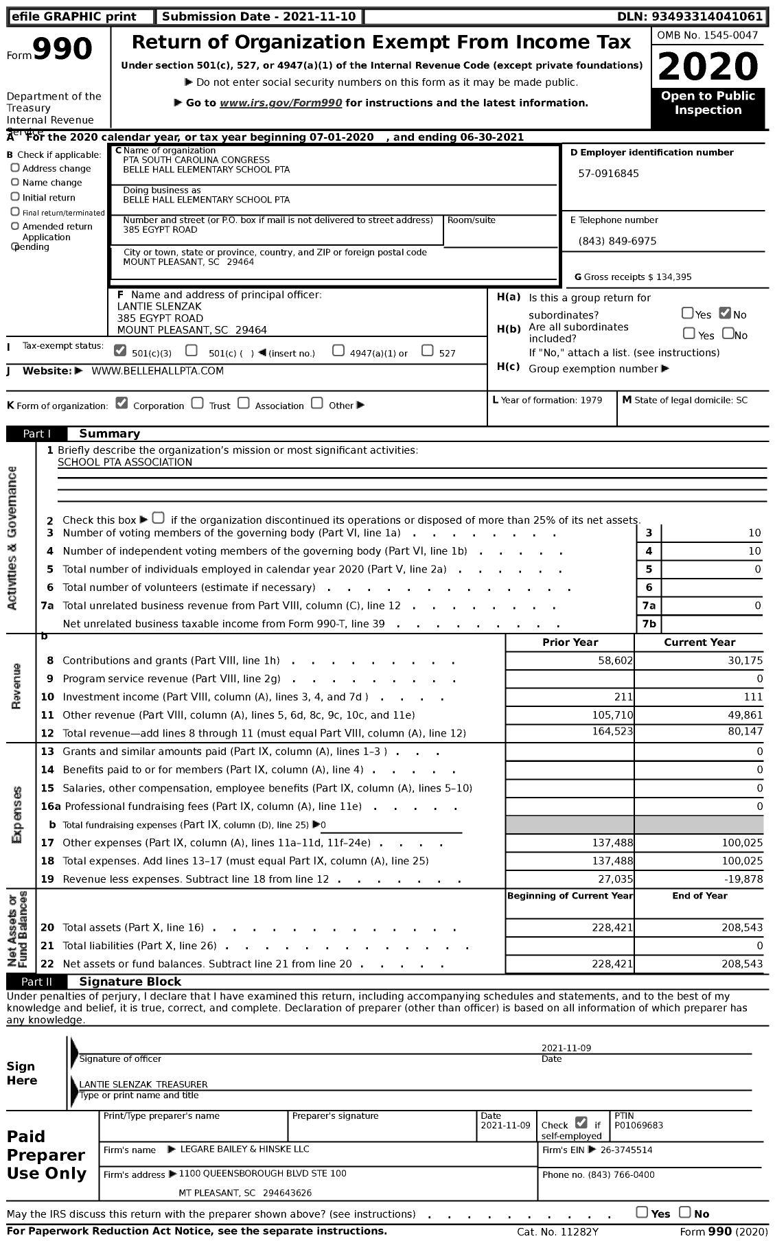 Image of first page of 2020 Form 990 for PTA South Carolina Congress Belle Hall Elementary School PTA