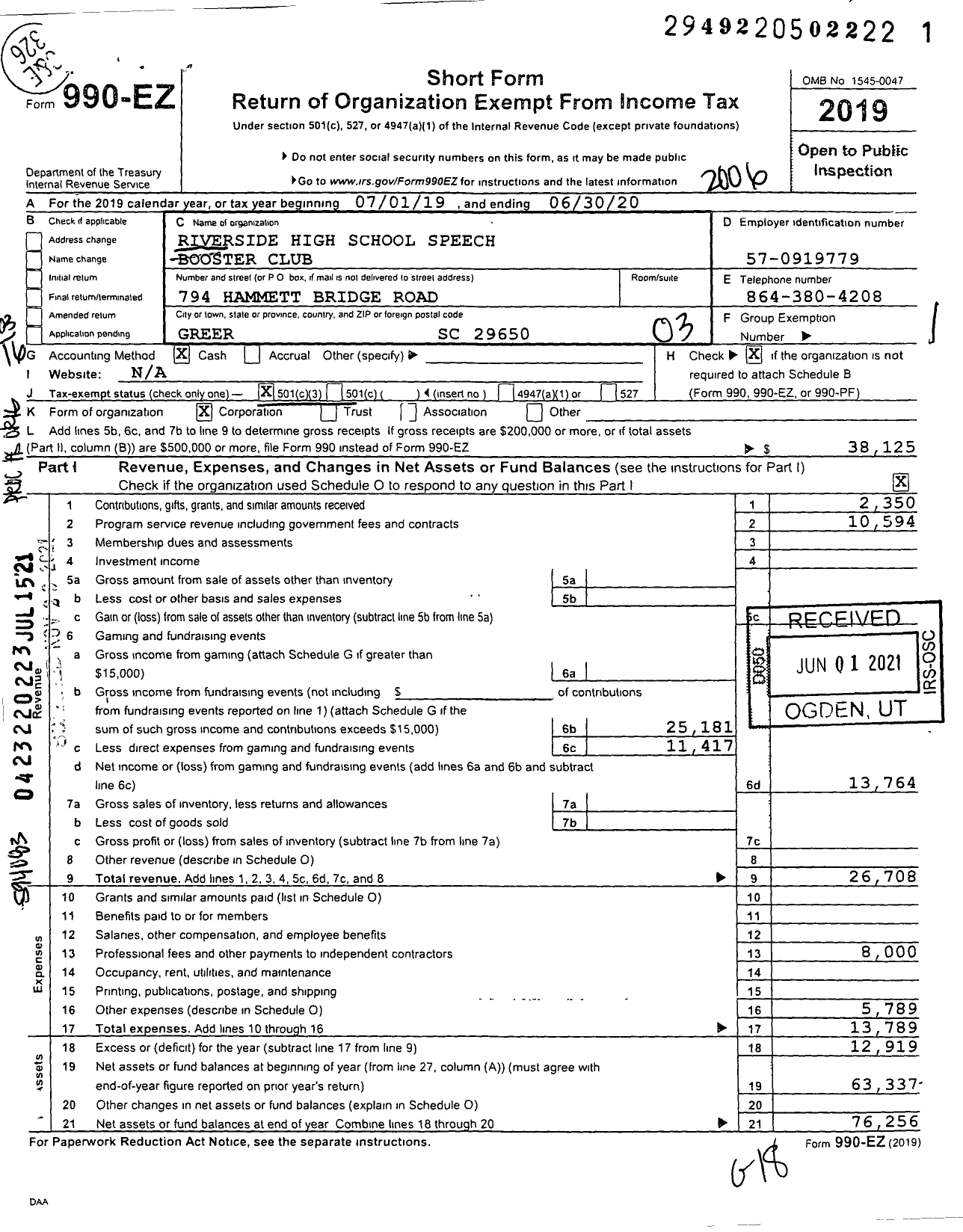 Image of first page of 2019 Form 990EZ for Riverside High School Speech