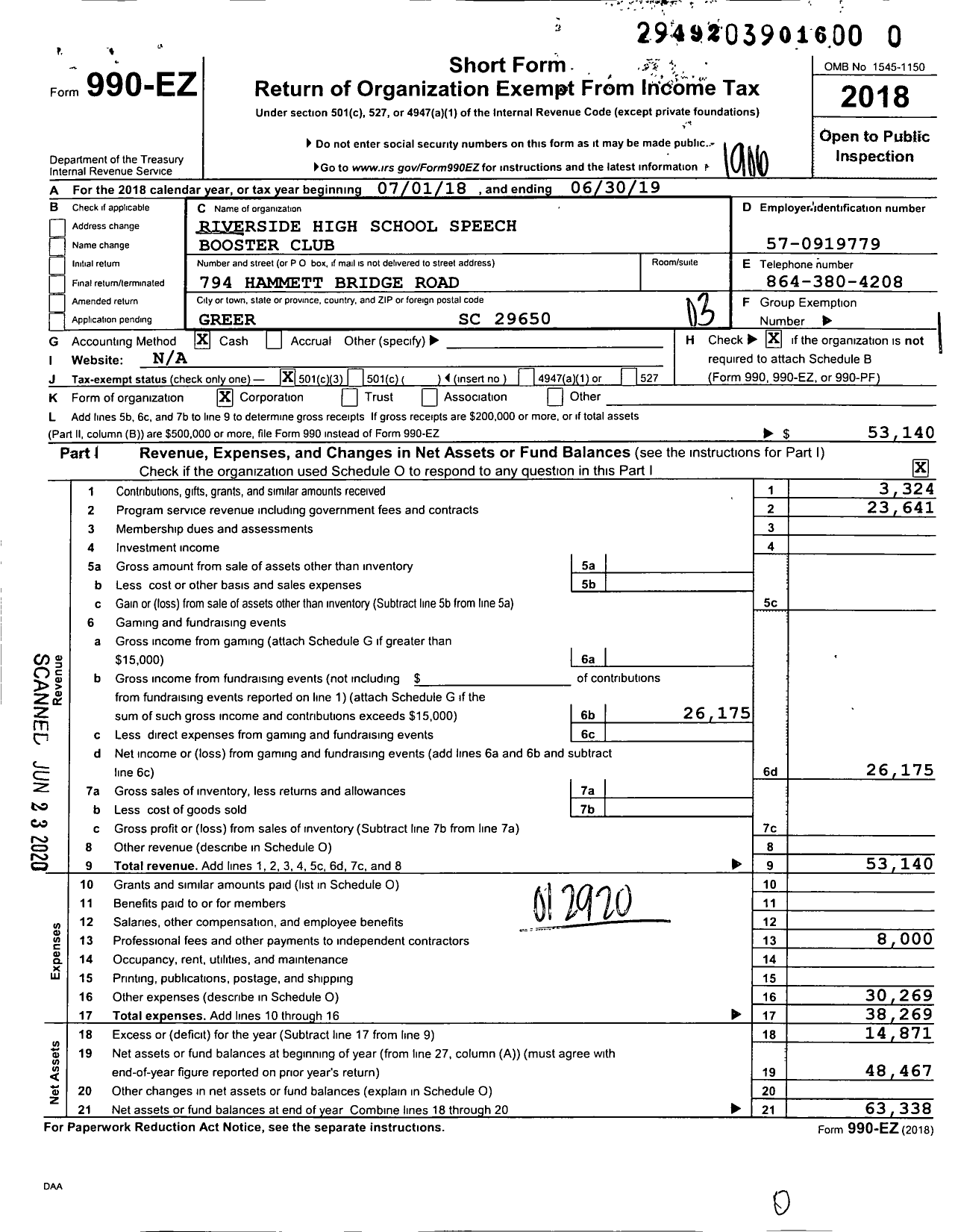 Image of first page of 2018 Form 990EZ for Riverside High School Speech