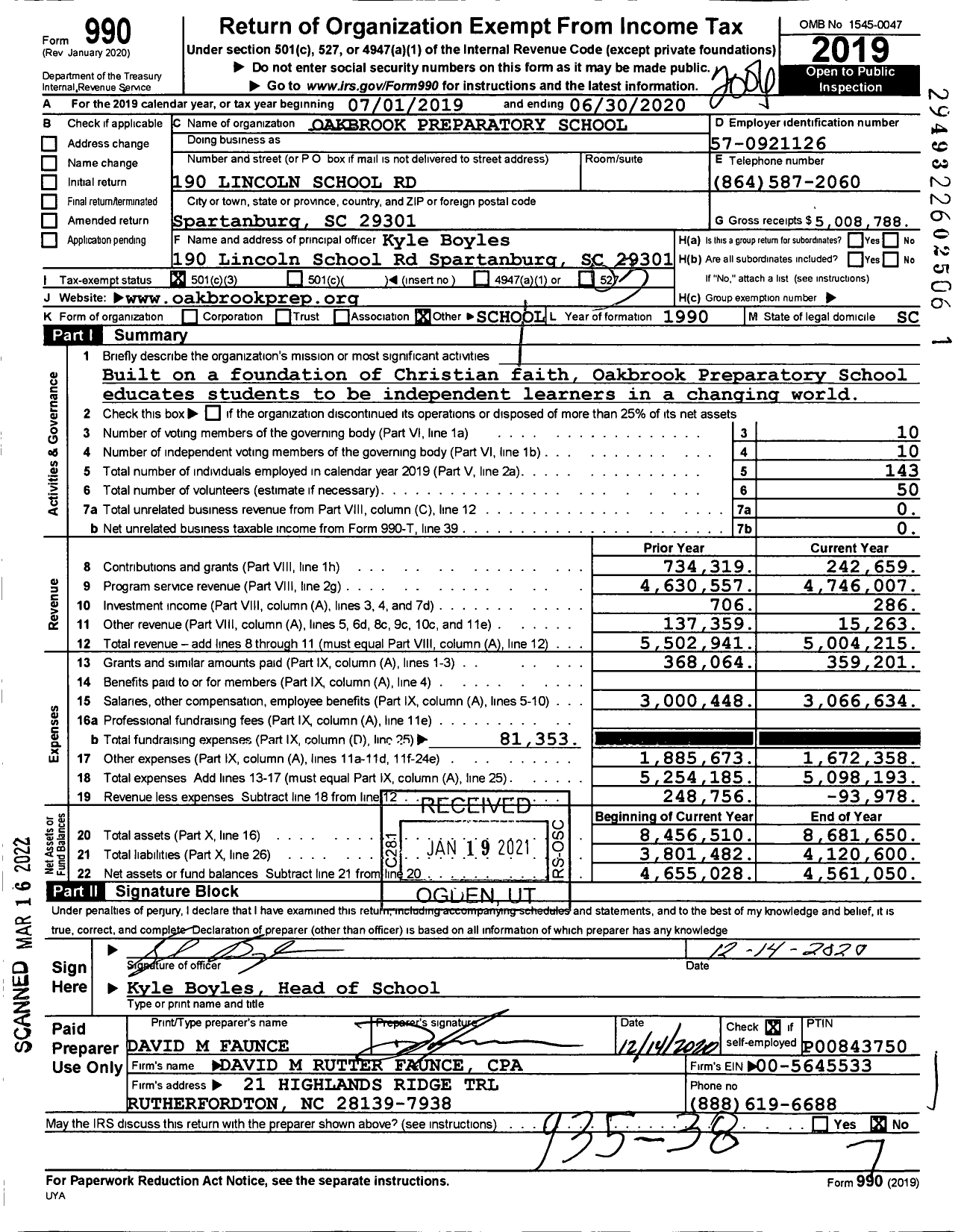 Image of first page of 2019 Form 990 for Oakbrook Preparatory School