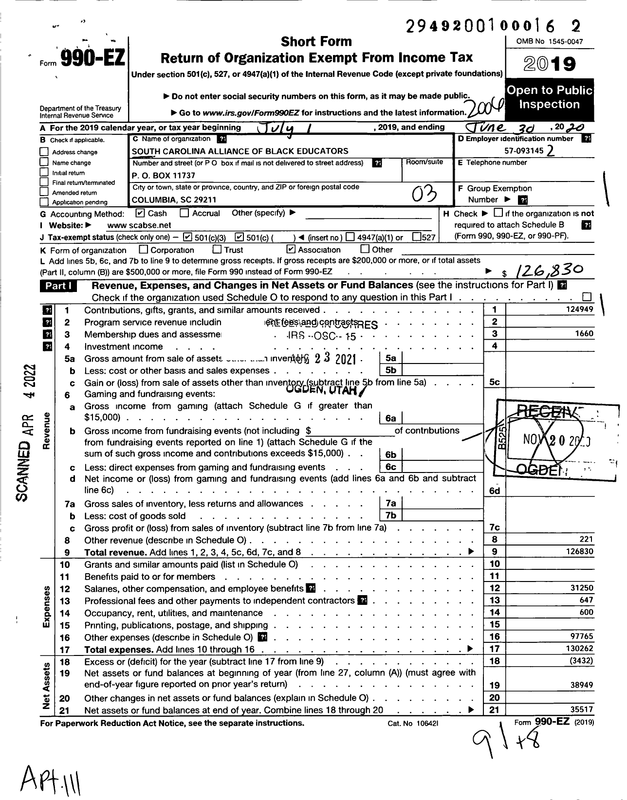 Image of first page of 2019 Form 990EZ for South Carolina Alliance of Black Educators