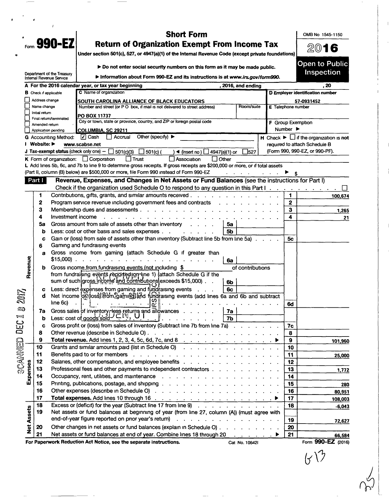 Image of first page of 2016 Form 990EO for South Carolina Alliance of Black Educators