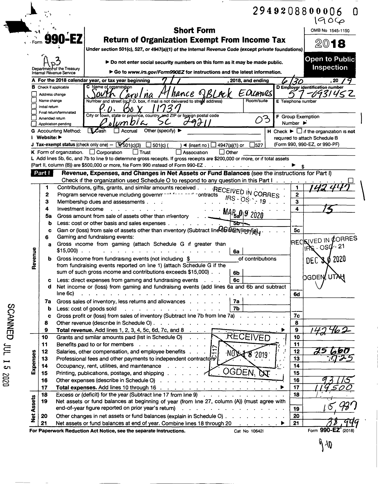 Image of first page of 2018 Form 990EZ for South Carolina Alliance of Black Educators