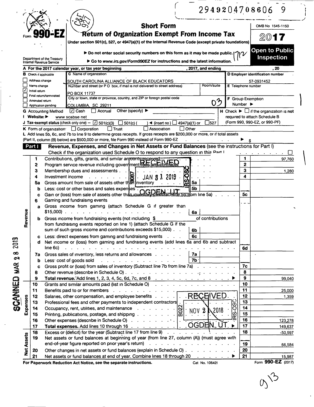 Image of first page of 2017 Form 990EZ for South Carolina Alliance of Black Educators