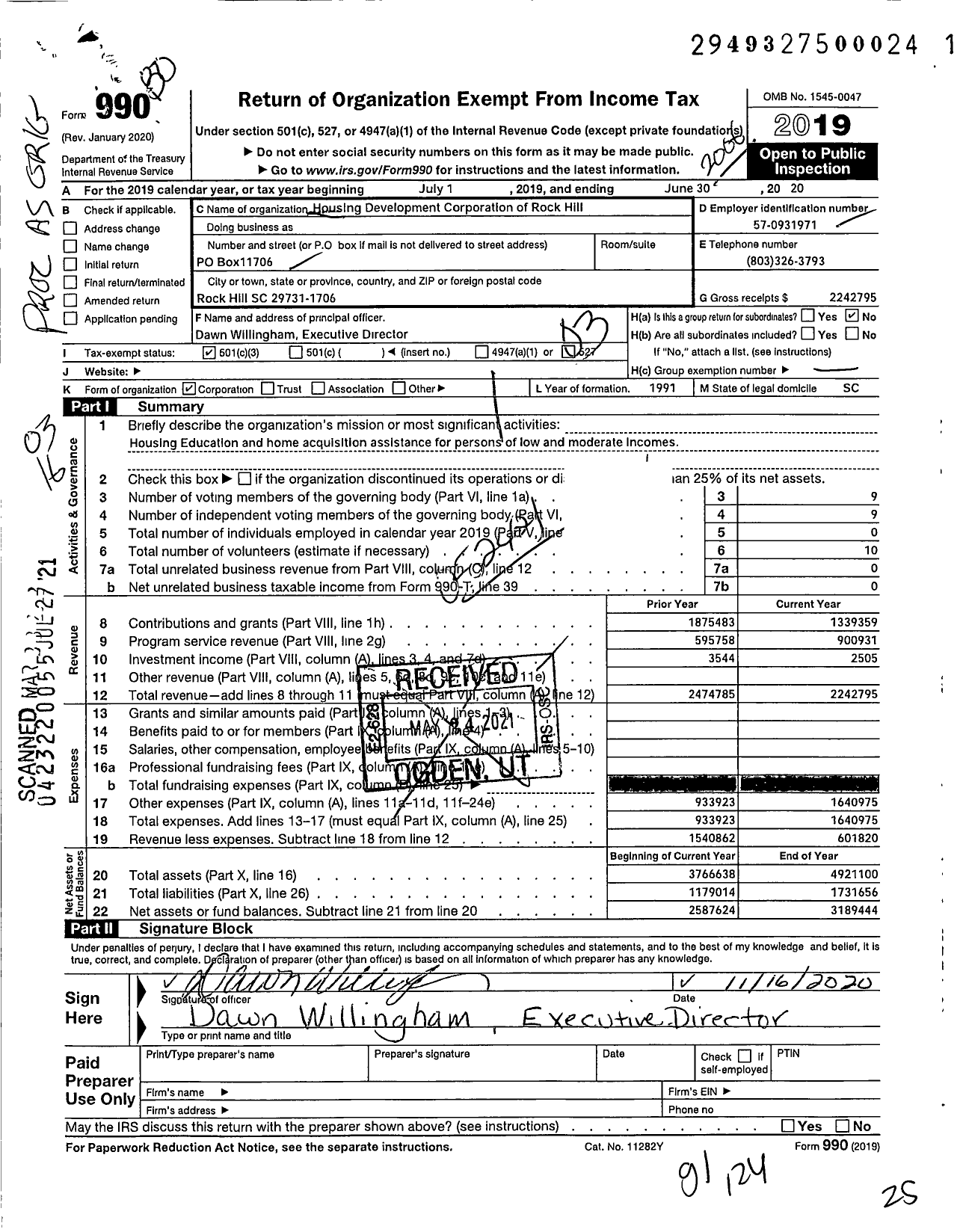 Image of first page of 2019 Form 990 for Housing Development Corporation of Rock Hill