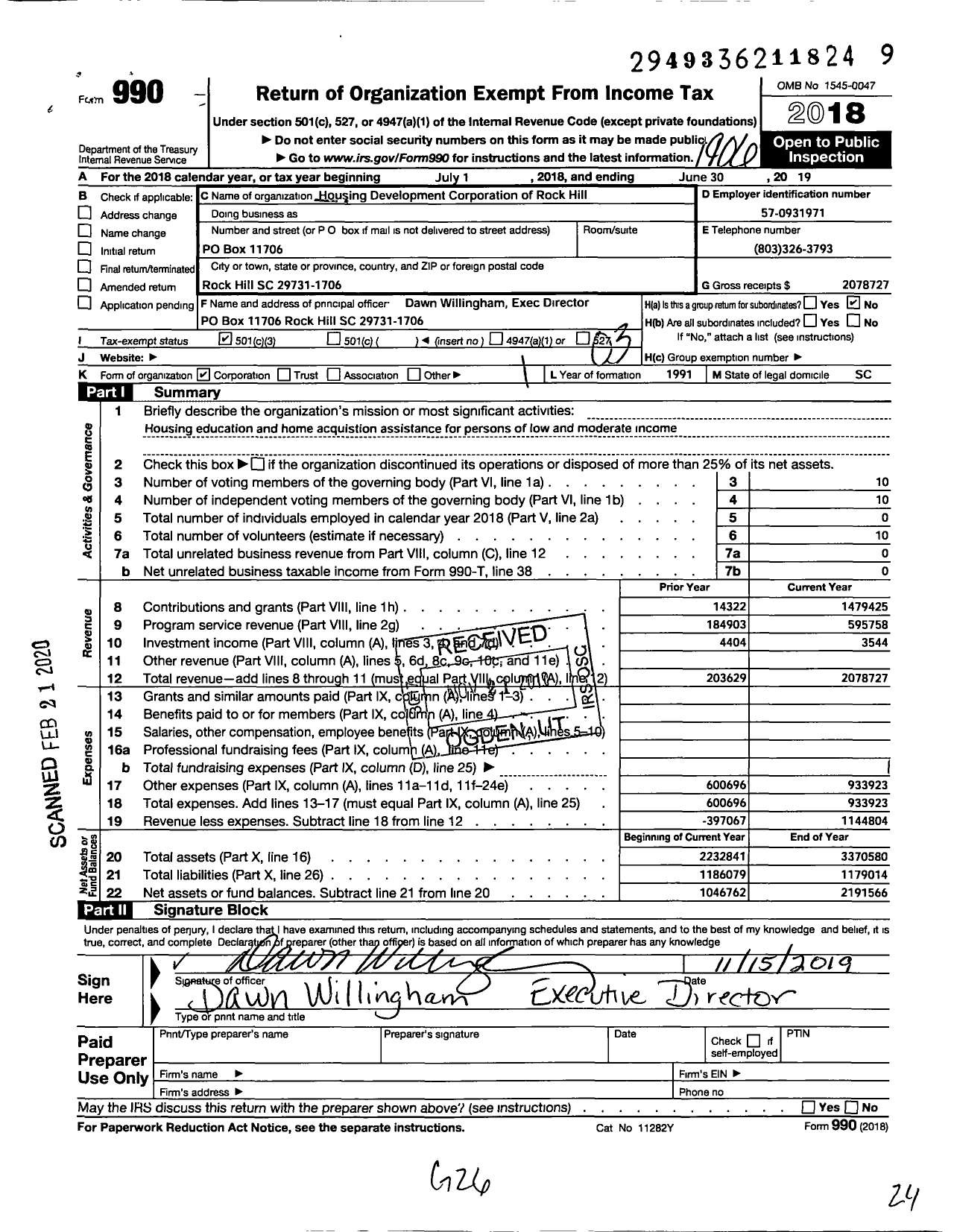 Image of first page of 2018 Form 990 for Housing Development Corporation of Rock Hill