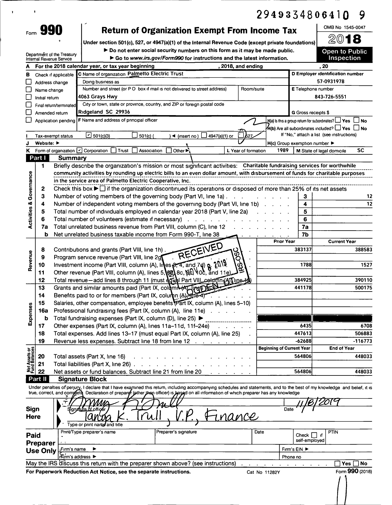 Image of first page of 2018 Form 990 for Palmetto Electric Trust