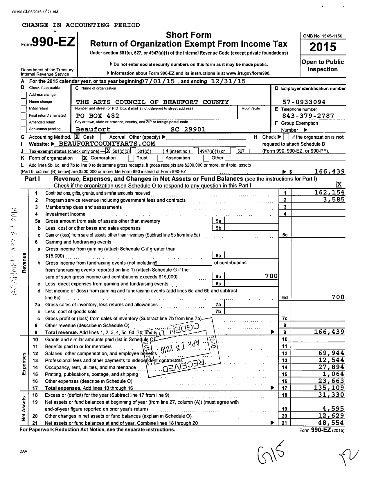 Image of first page of 2015 Form 990EZ for Arts Council of Beaufort County