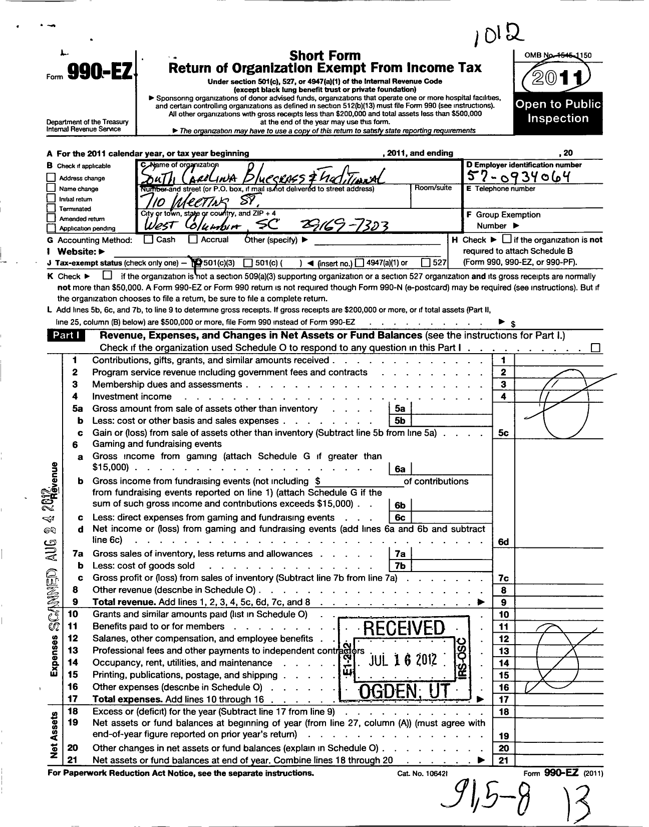 Image of first page of 2010 Form 990EZ for South Carolina Bluegrass and Traditionalmusic Association