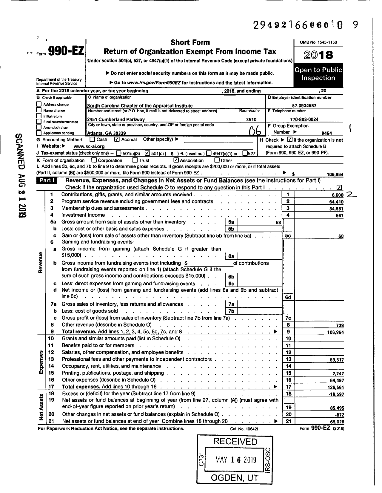 Image of first page of 2018 Form 990EO for South Carolina Chapter of the Appraisal Institute