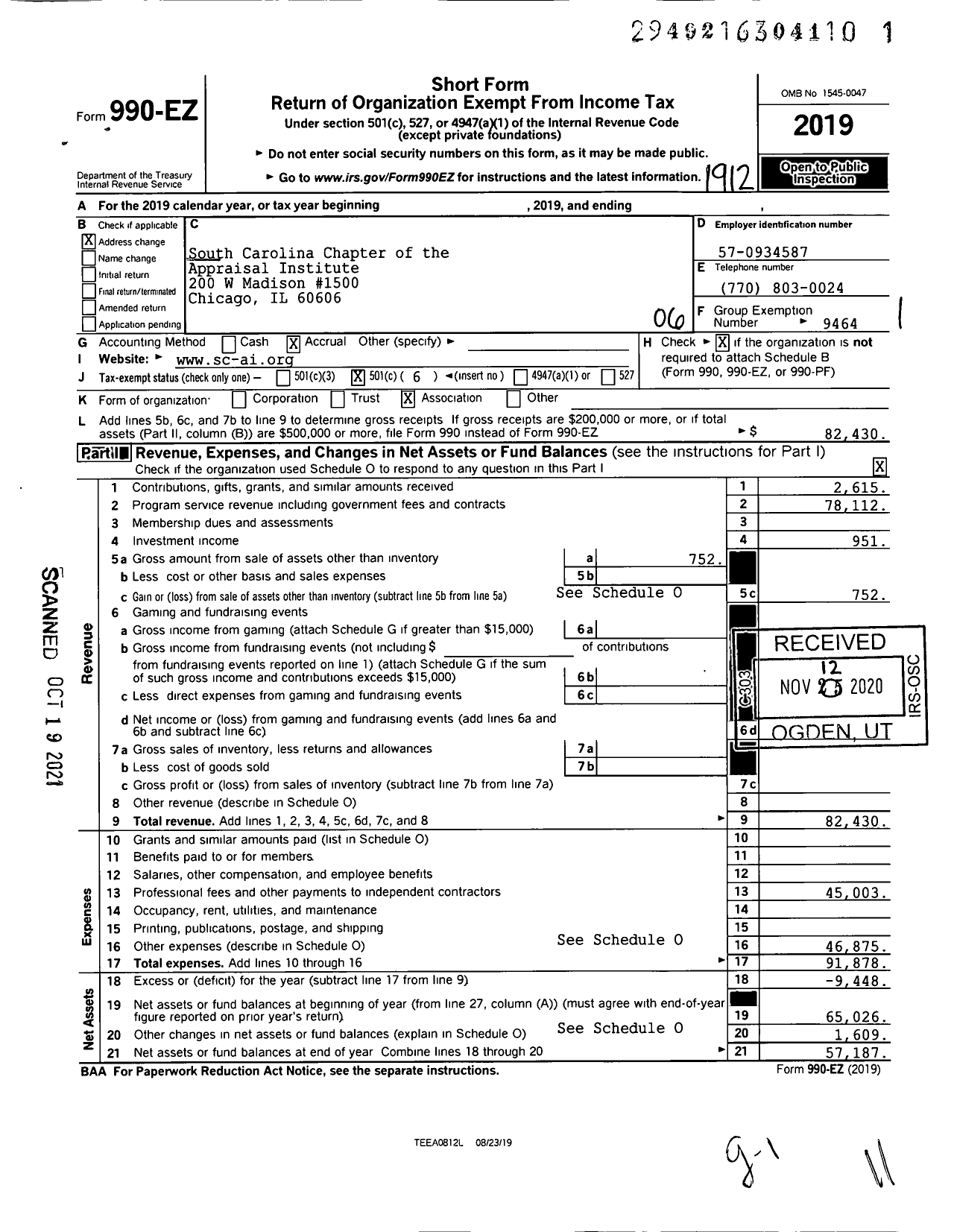 Image of first page of 2019 Form 990EO for South Carolina Chapter of the Appraisal Institute