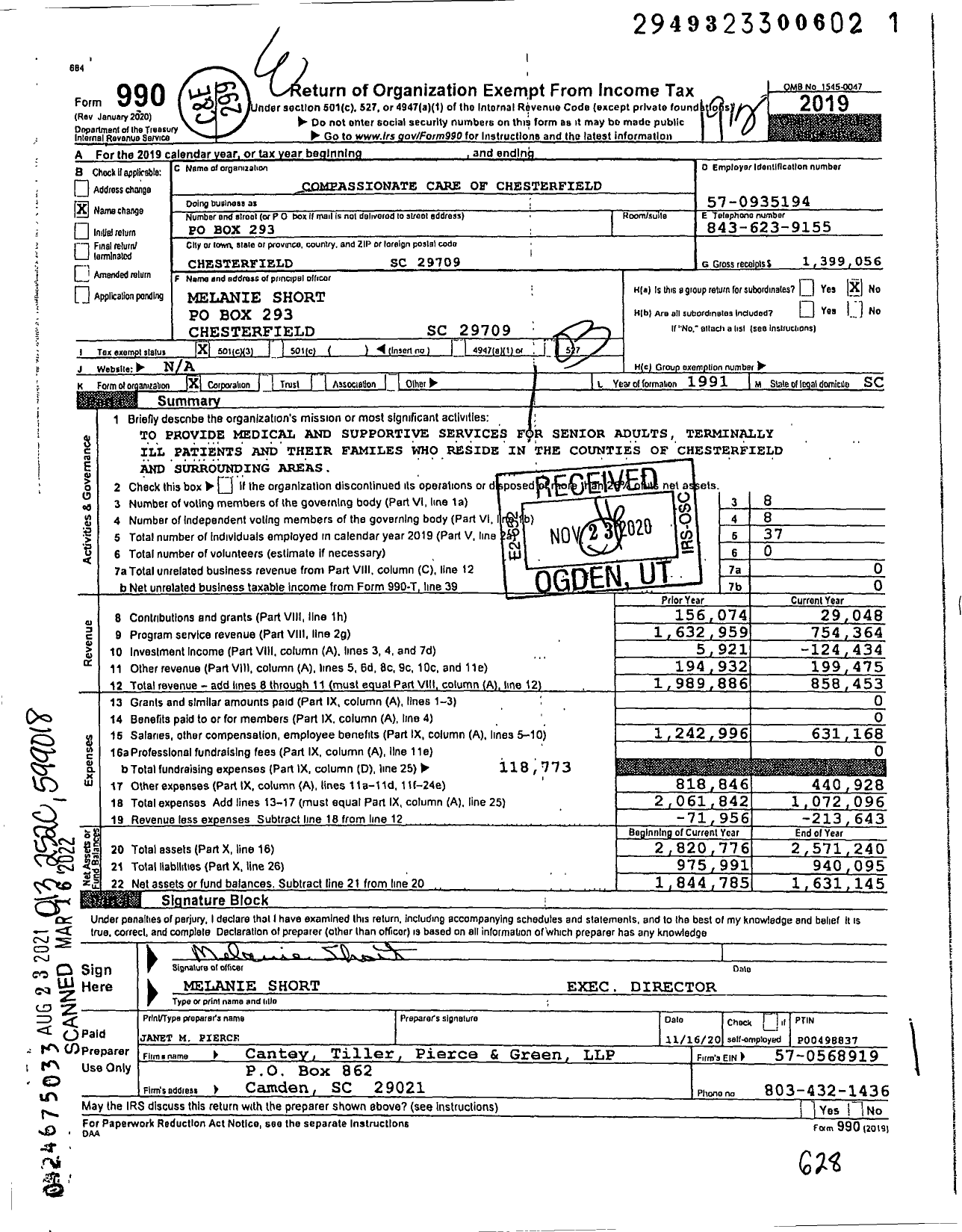 Image of first page of 2019 Form 990 for Compassionate Care of Chesterfield