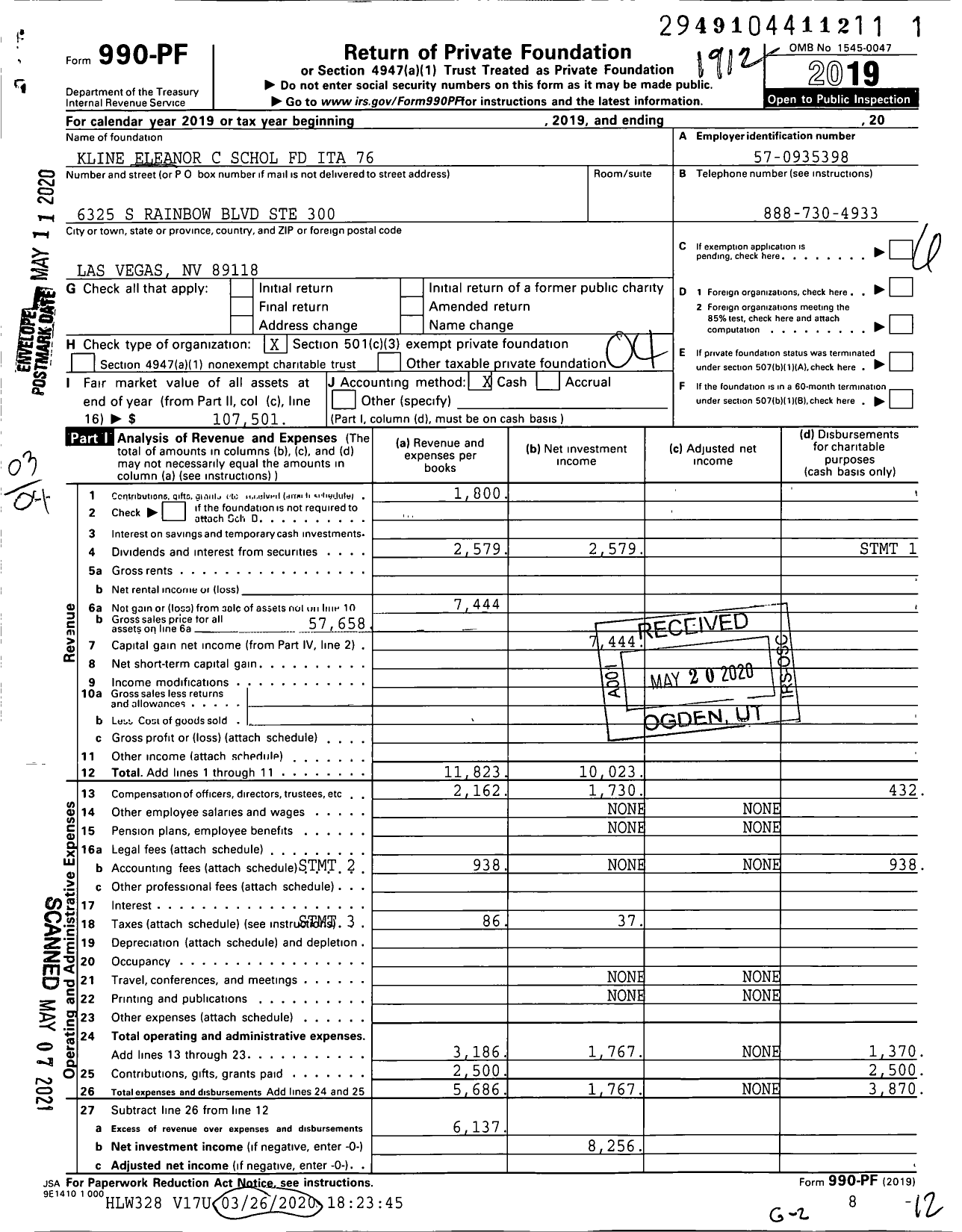 Image of first page of 2019 Form 990PF for Kline Eleanor C Schol FD Ita 76