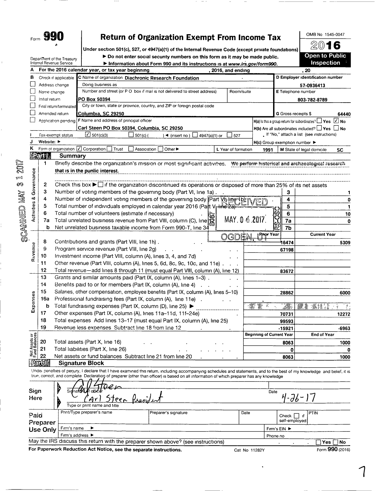 Image of first page of 2016 Form 990 for Diachronic Research Foundation