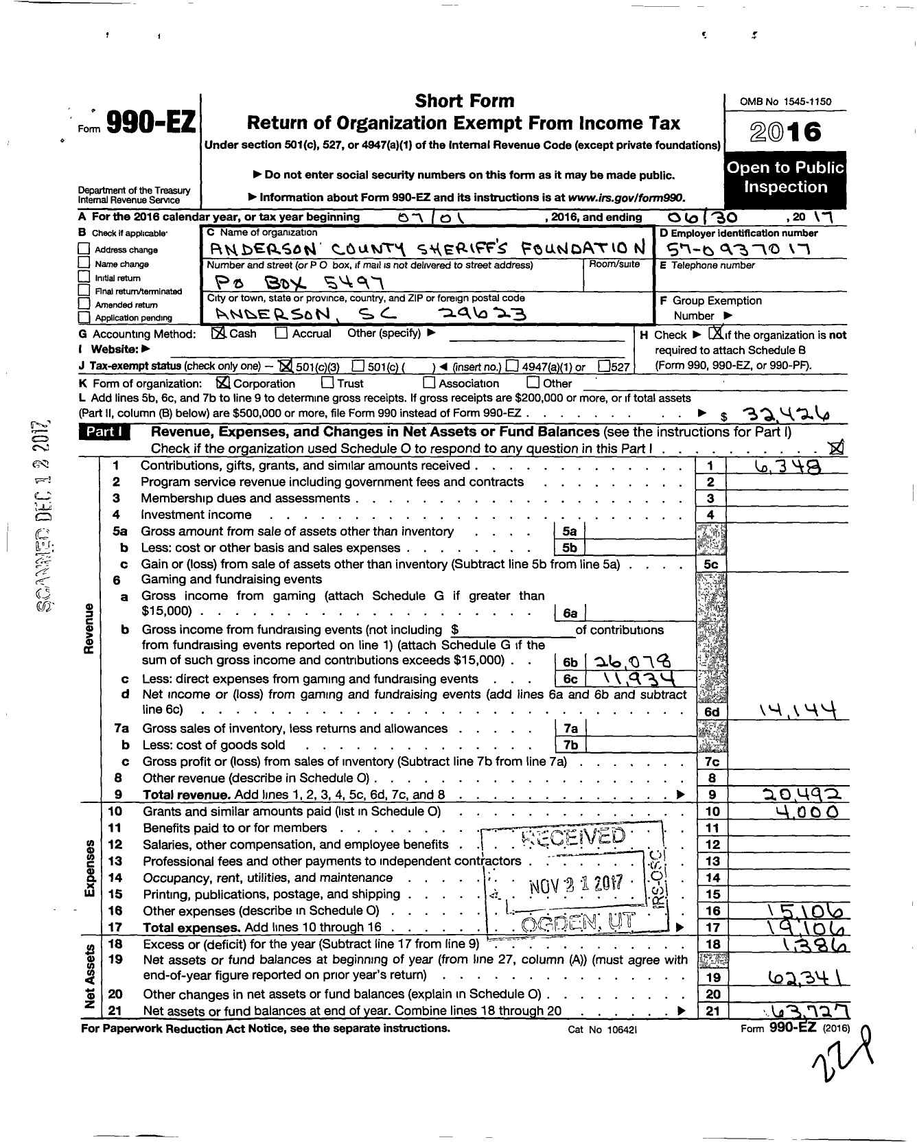 Image of first page of 2016 Form 990EZ for Anderson County Sheriffs Foundation