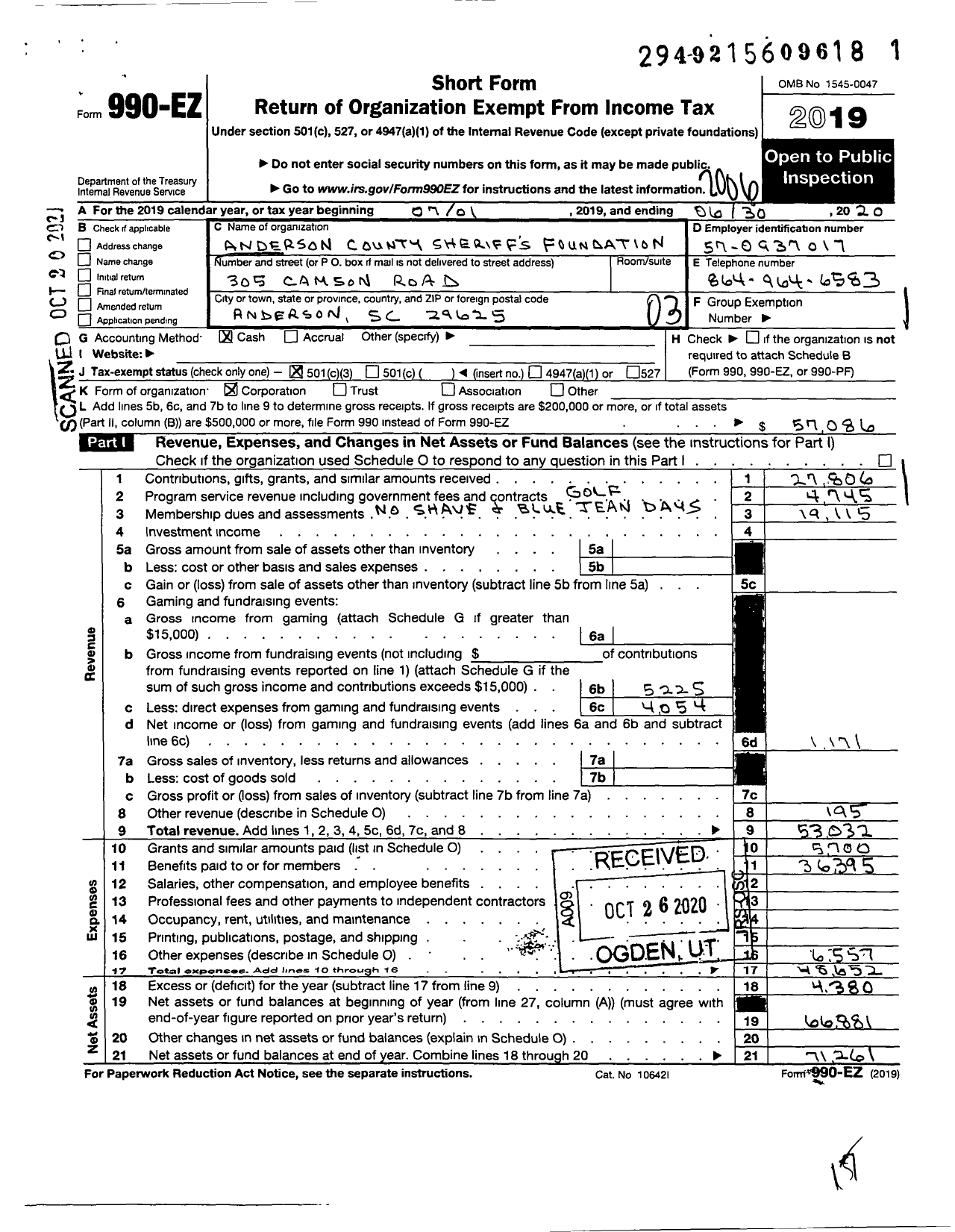 Image of first page of 2019 Form 990EZ for Anderson County Sheriffs Foundation