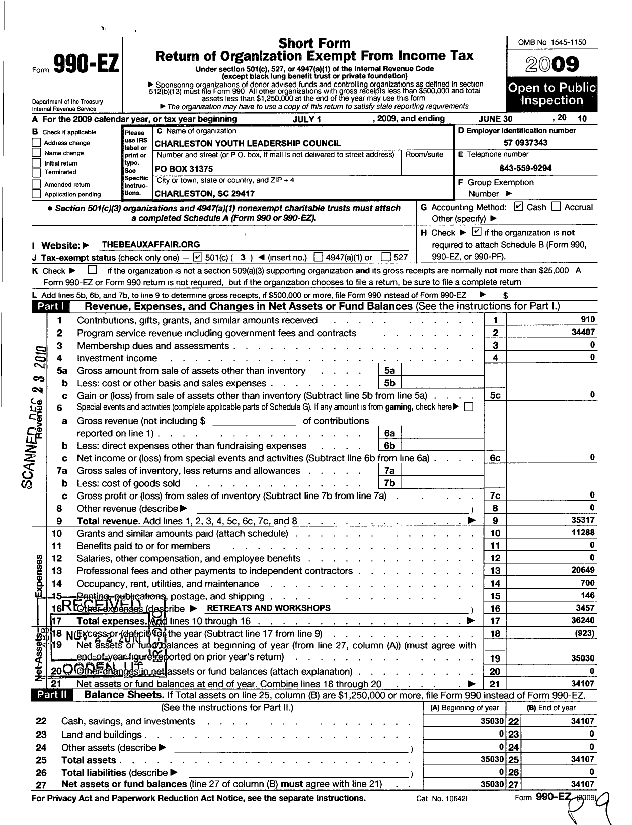 Image of first page of 2009 Form 990EZ for Charleston Youth Leadership Council