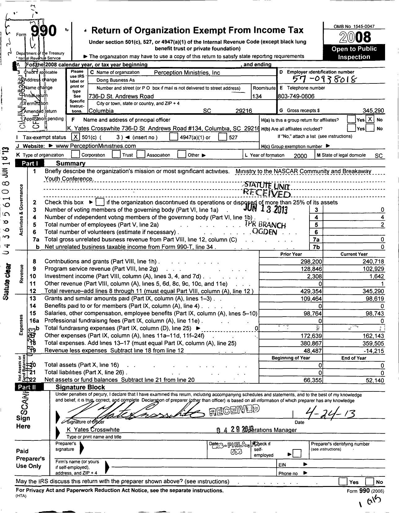 Image of first page of 2008 Form 990 for Perception Ministries