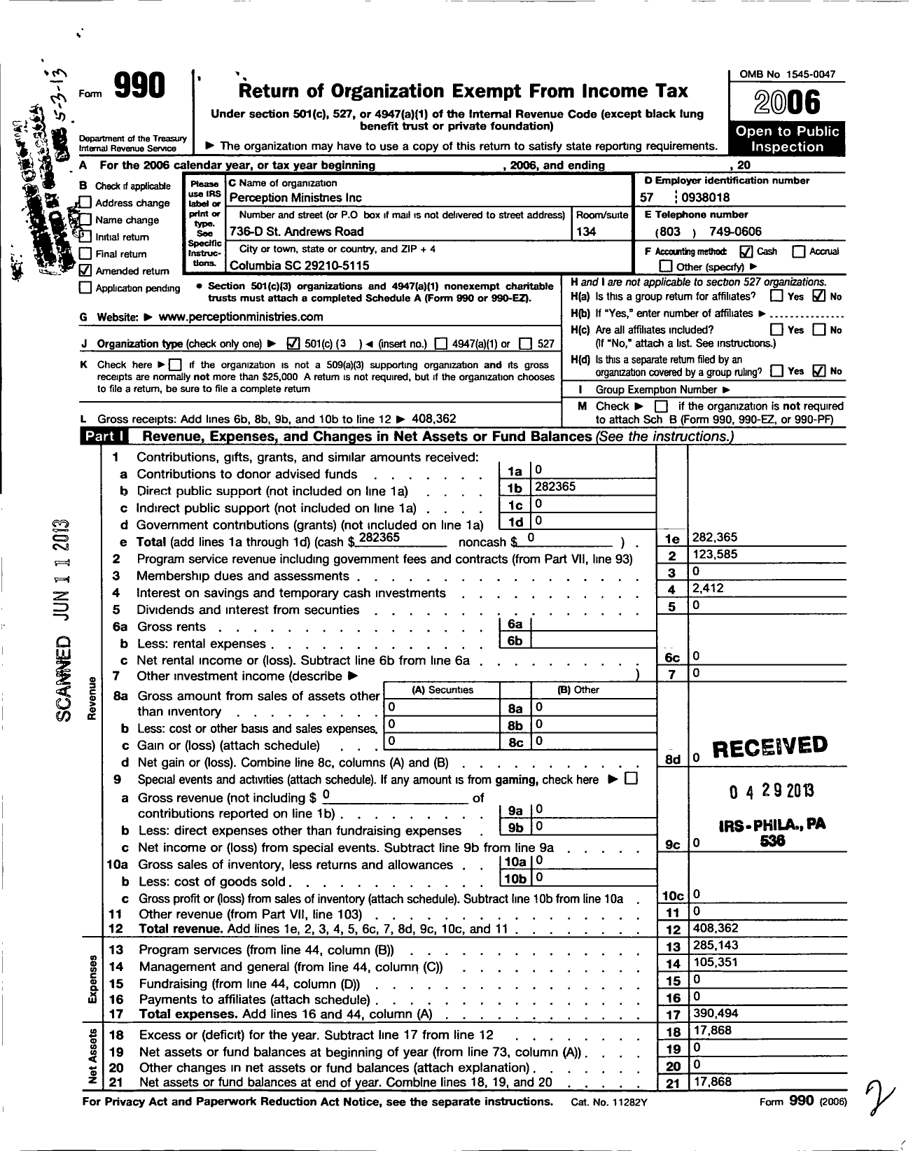 Image of first page of 2006 Form 990 for Perception Ministries