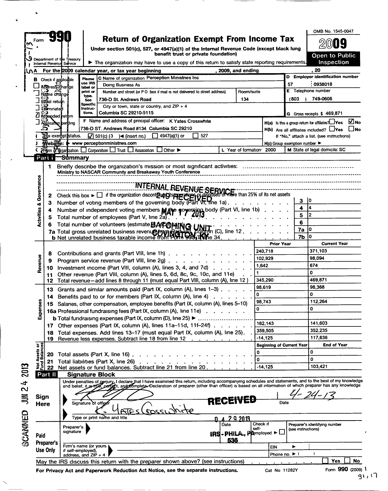 Image of first page of 2009 Form 990 for Perception Ministries