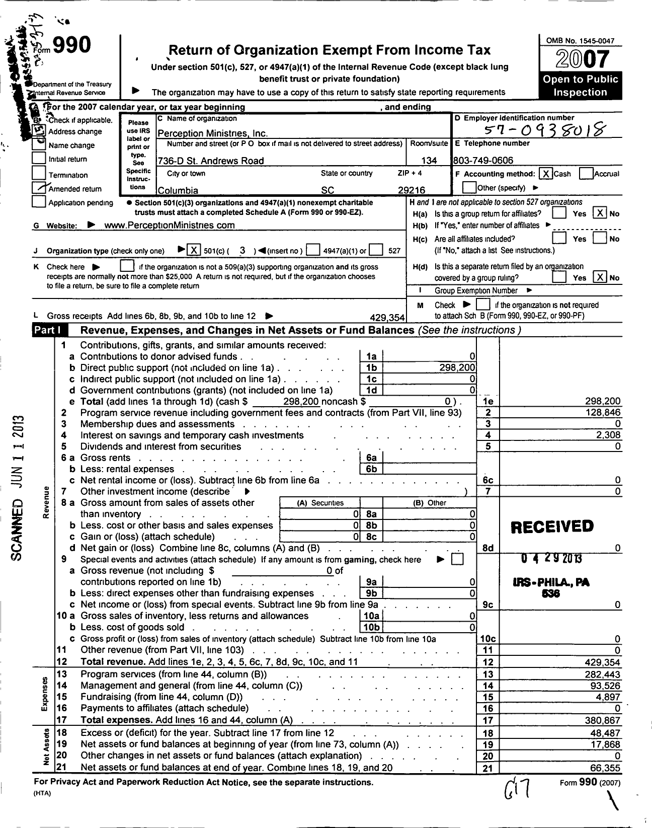 Image of first page of 2007 Form 990 for Perception Ministries