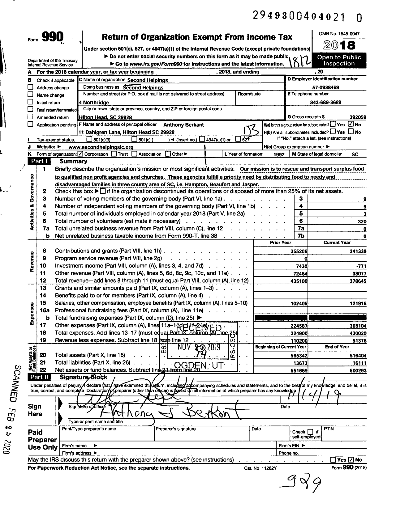 Image of first page of 2018 Form 990 for Second Helpings