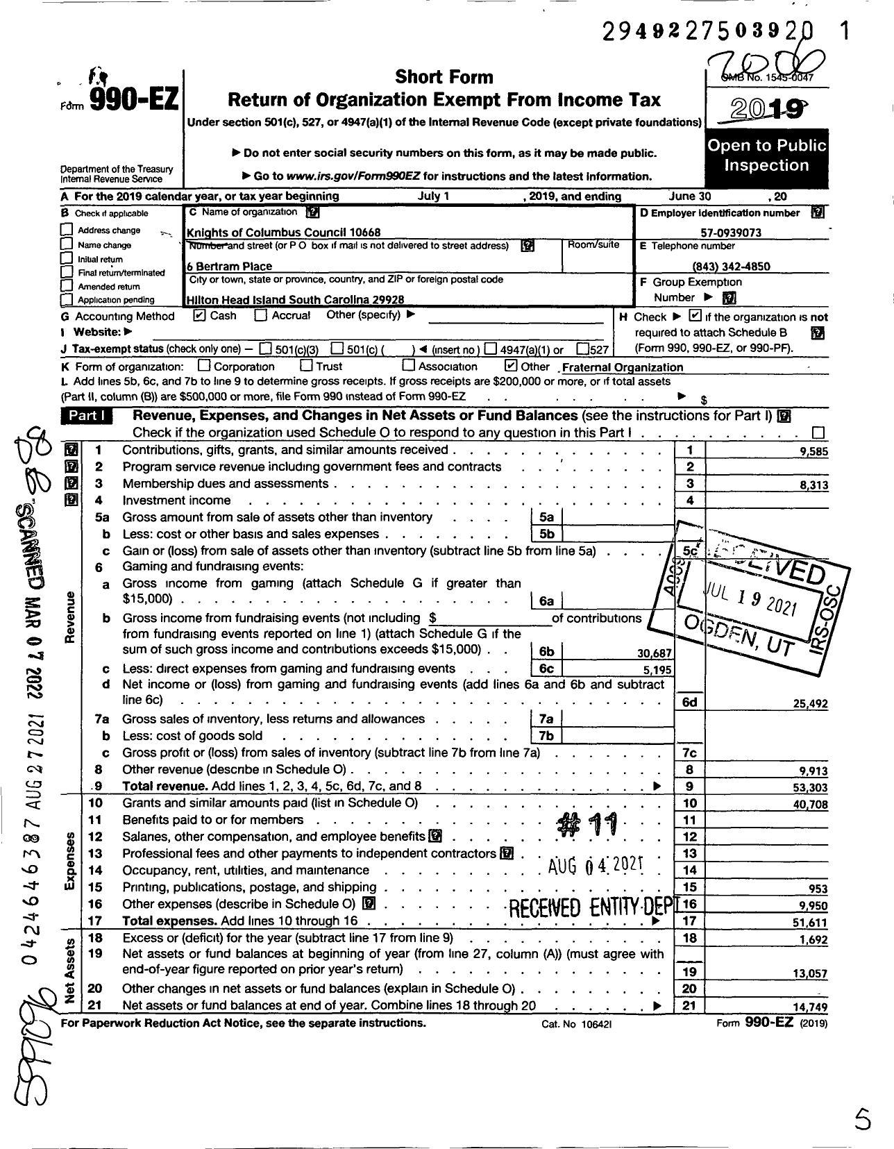 Image of first page of 2019 Form 990EO for Knights of Columbus - 10668 Thomas D Reilley SR Council