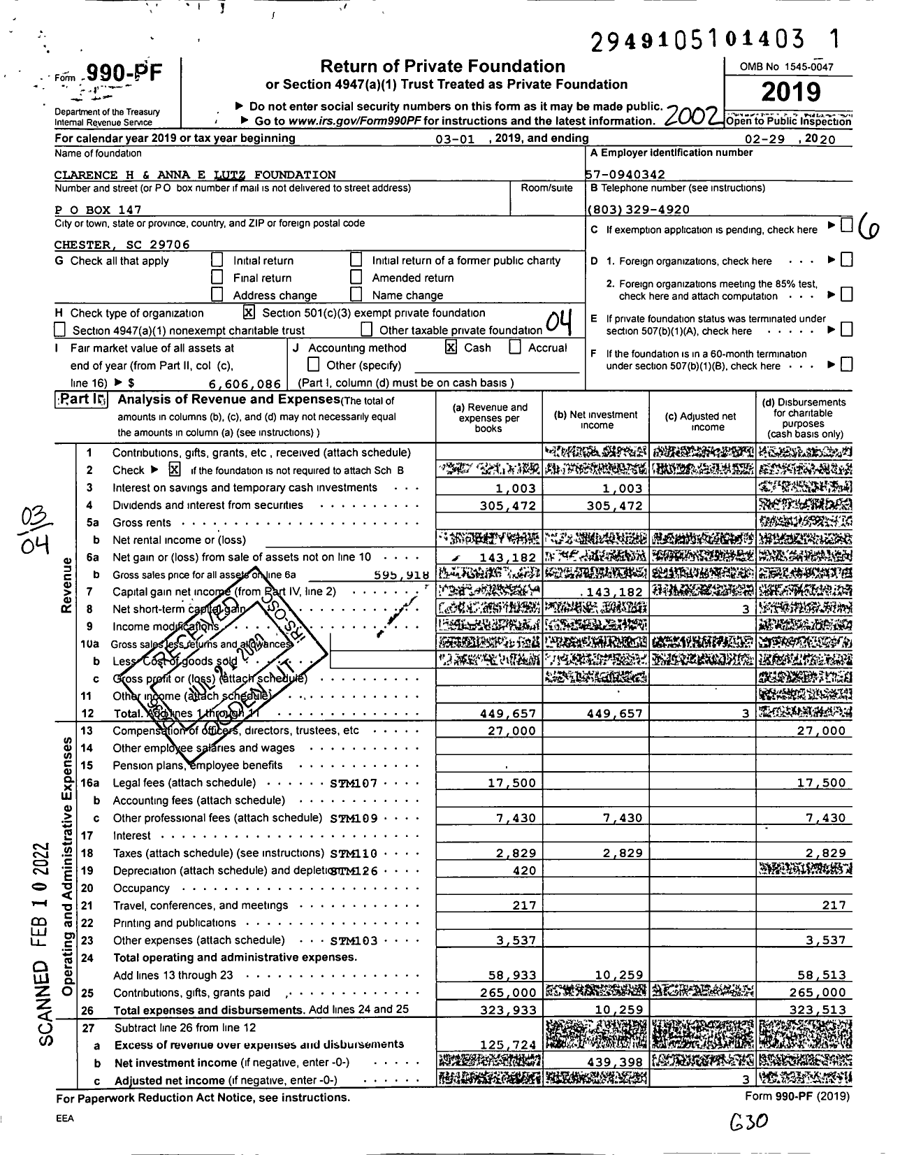 Image of first page of 2019 Form 990PF for Clarence H and Anna E Lutz Foundation