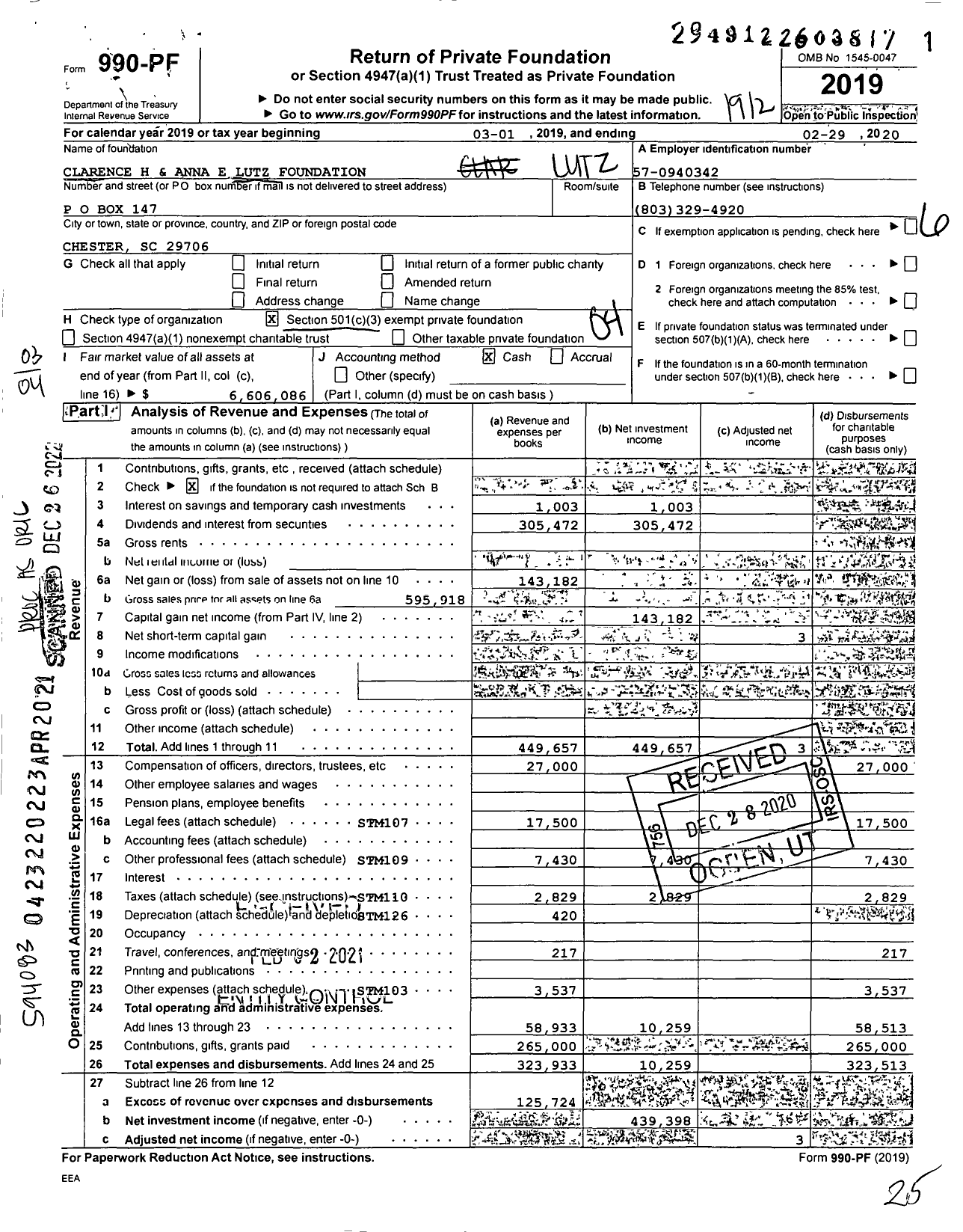 Image of first page of 2019 Form 990PF for Clarence H and Anna E Lutz Foundation