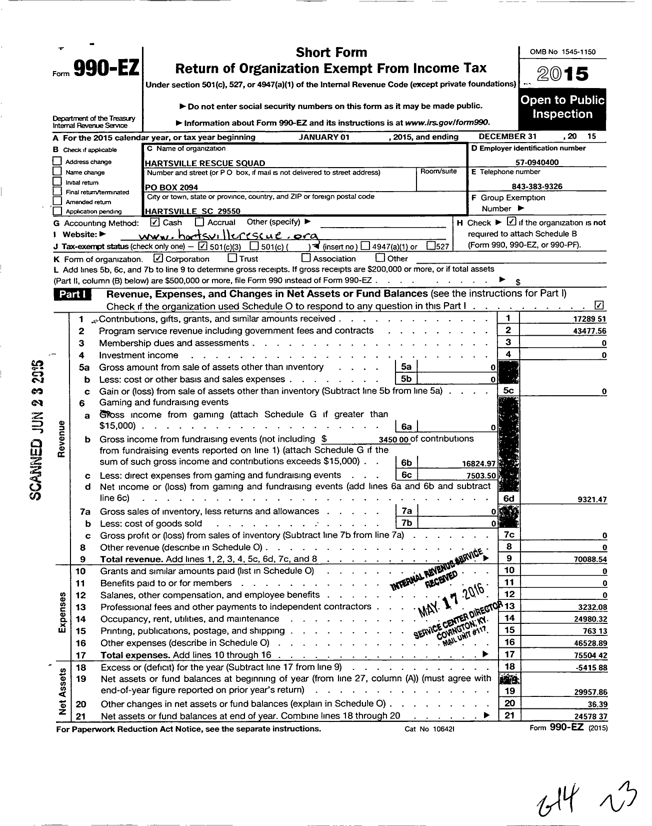 Image of first page of 2015 Form 990EZ for Hartsville Rescue Squad