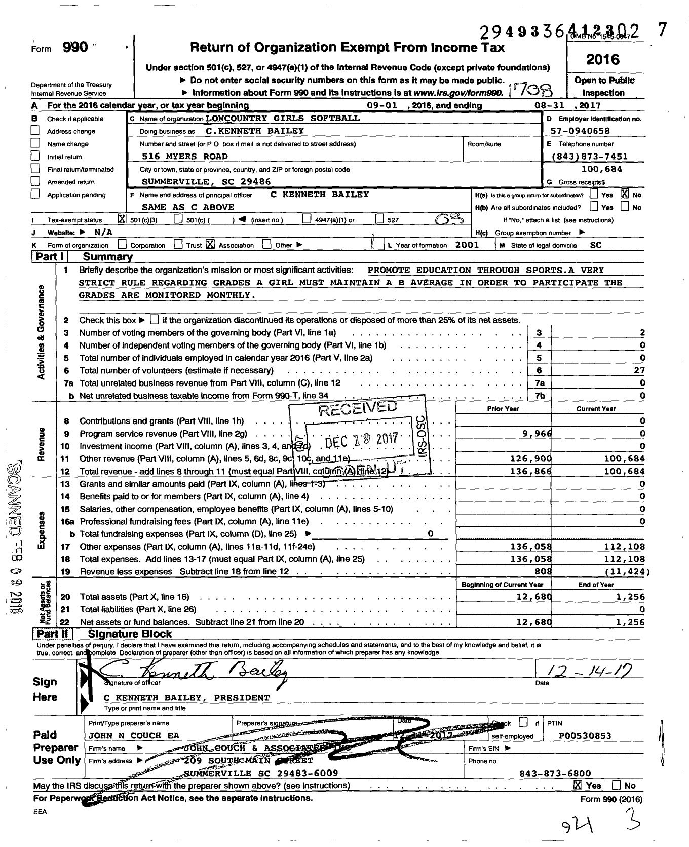 Image of first page of 2016 Form 990 for Lowcountry Girls Softball