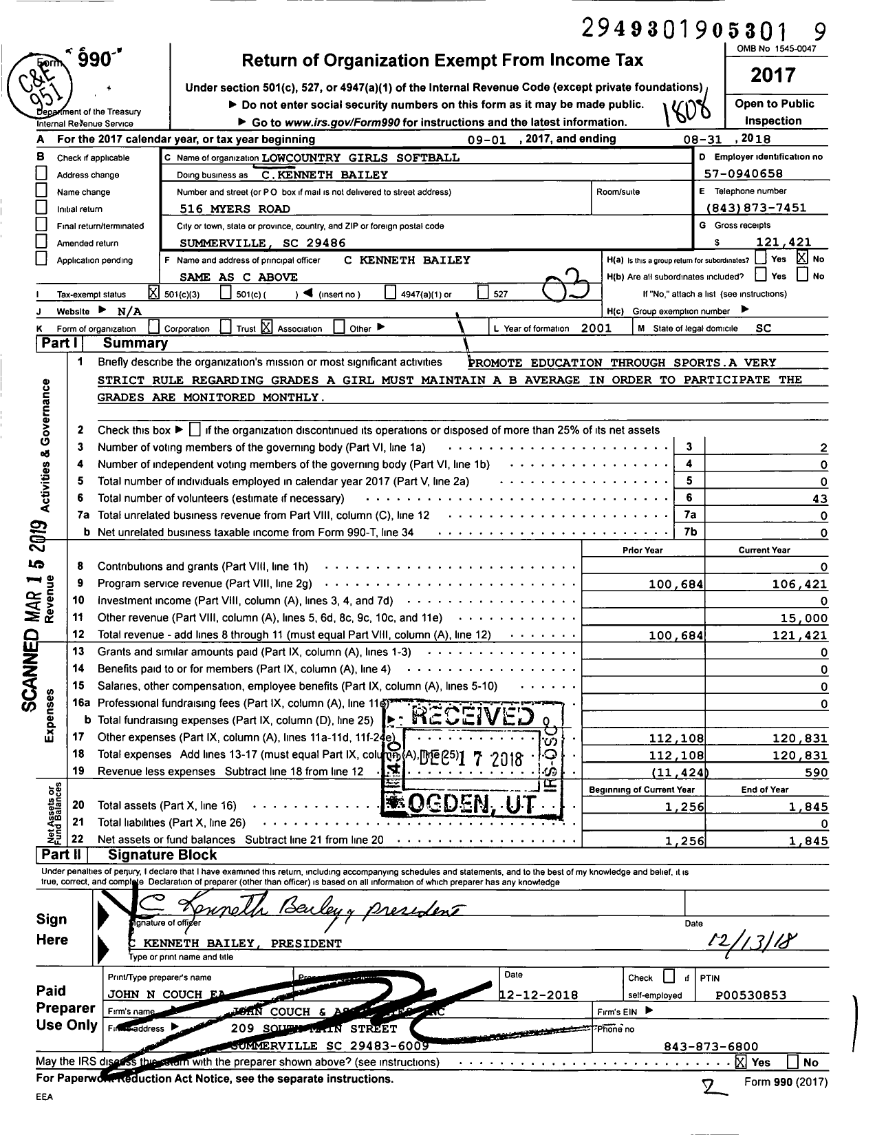 Image of first page of 2017 Form 990 for Lowcountry Girls Softball