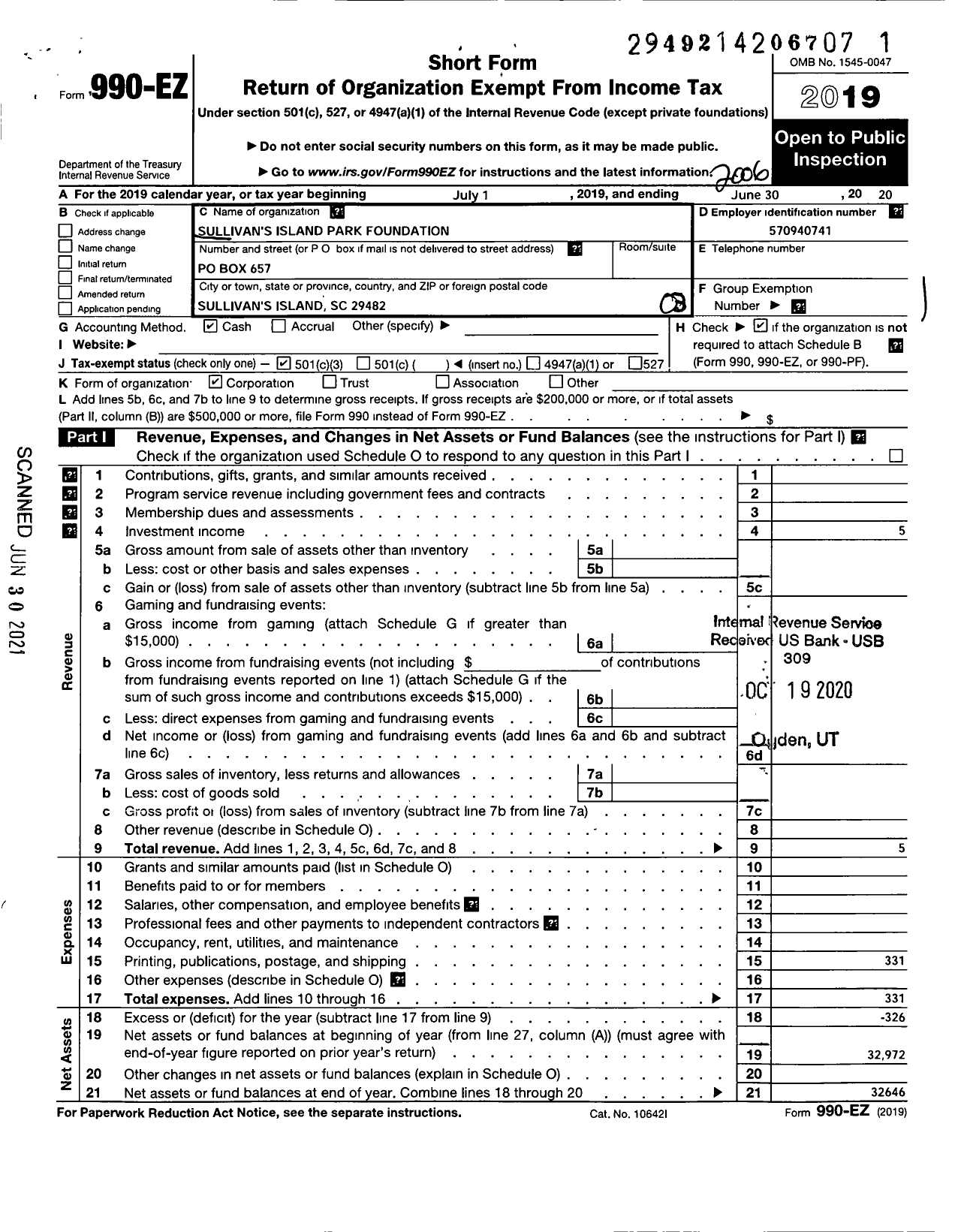 Image of first page of 2019 Form 990EZ for Sullivans Island Park Foundation