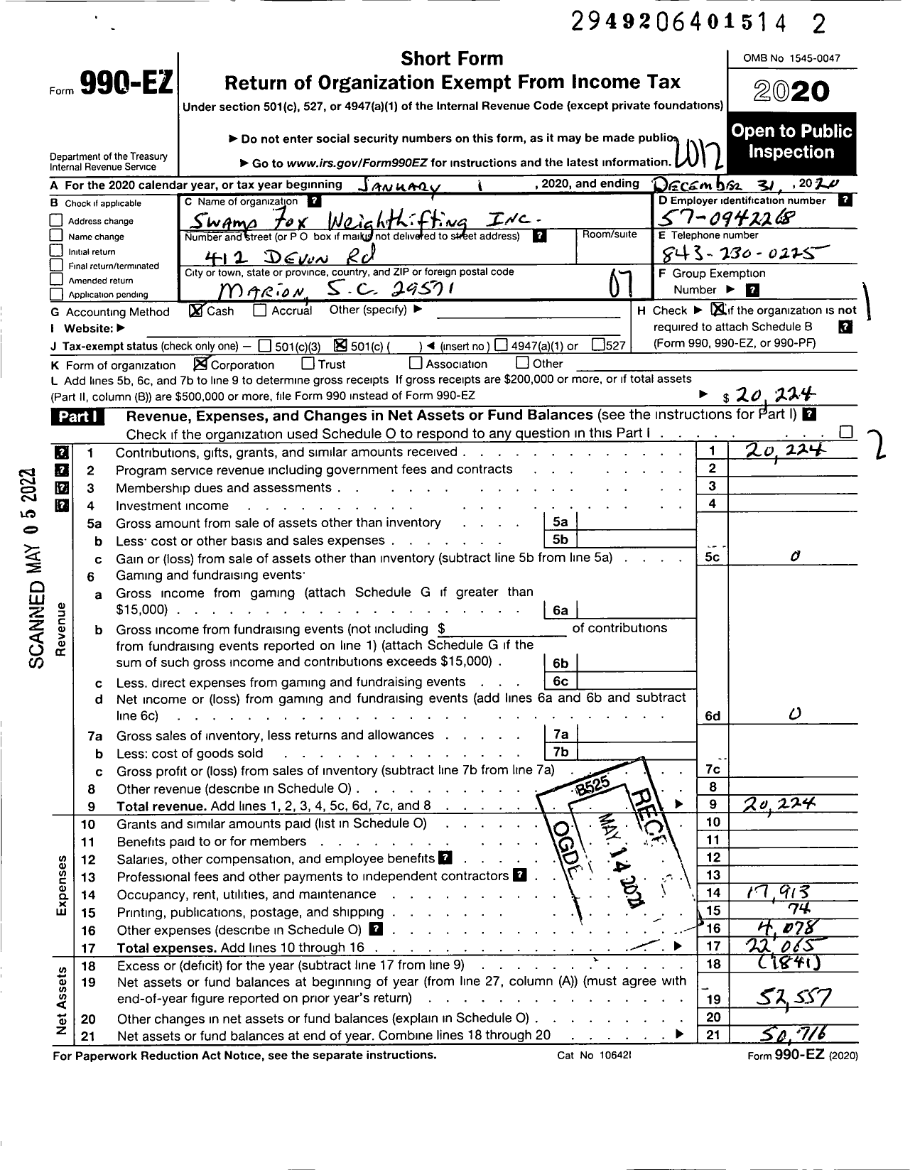 Image of first page of 2020 Form 990EO for Swamp Fox Weightlifting Lifing