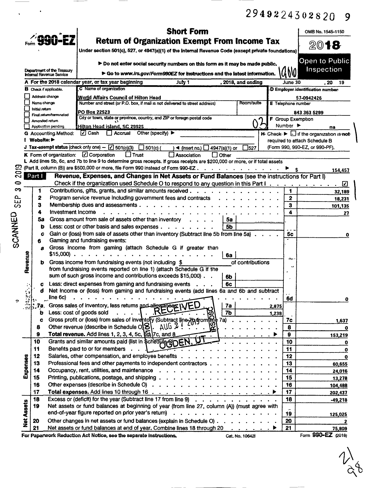 Image of first page of 2018 Form 990EZ for World Affairs Council Hilton Head