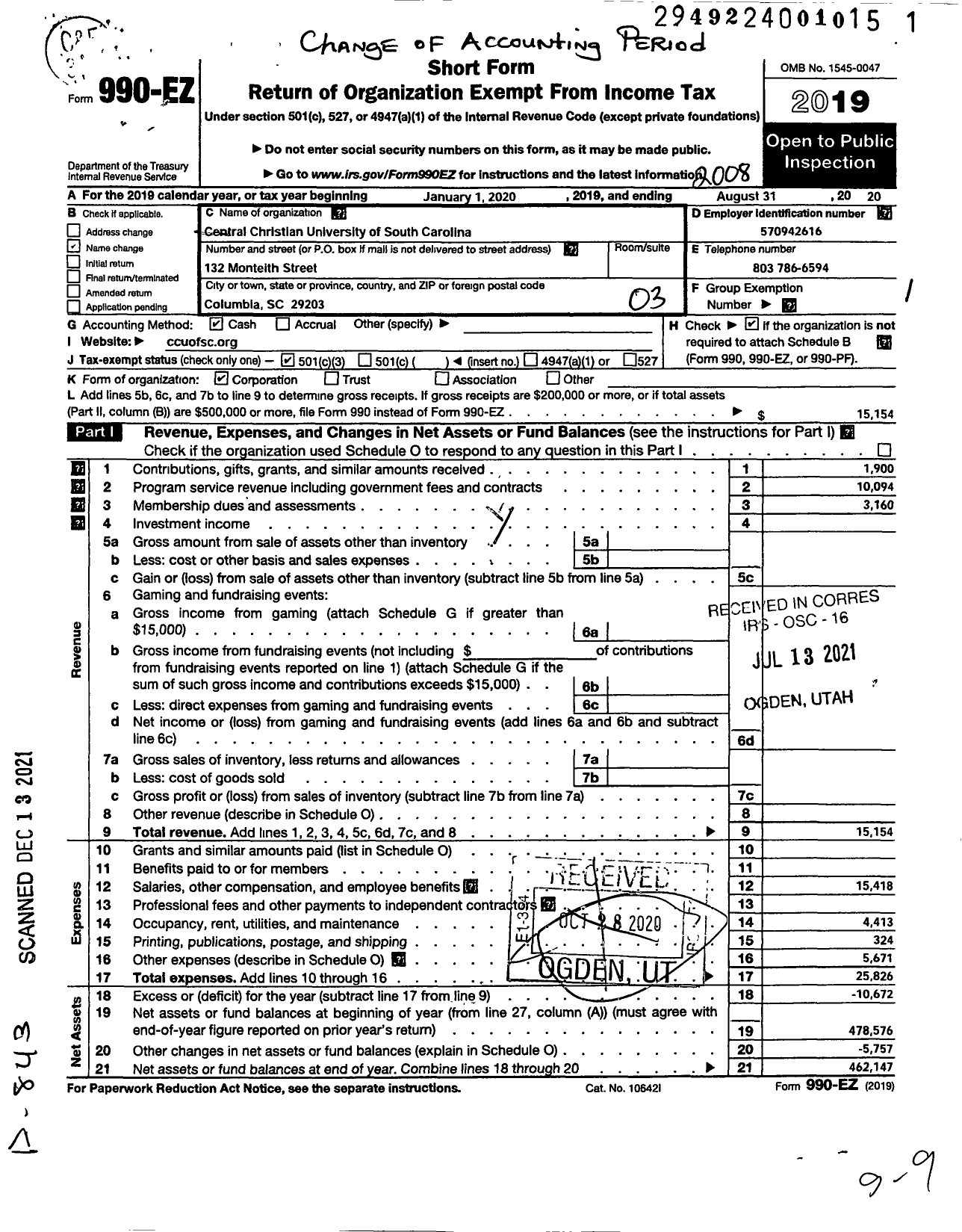 Image of first page of 2019 Form 990EZ for Central Christian University of South Carolina