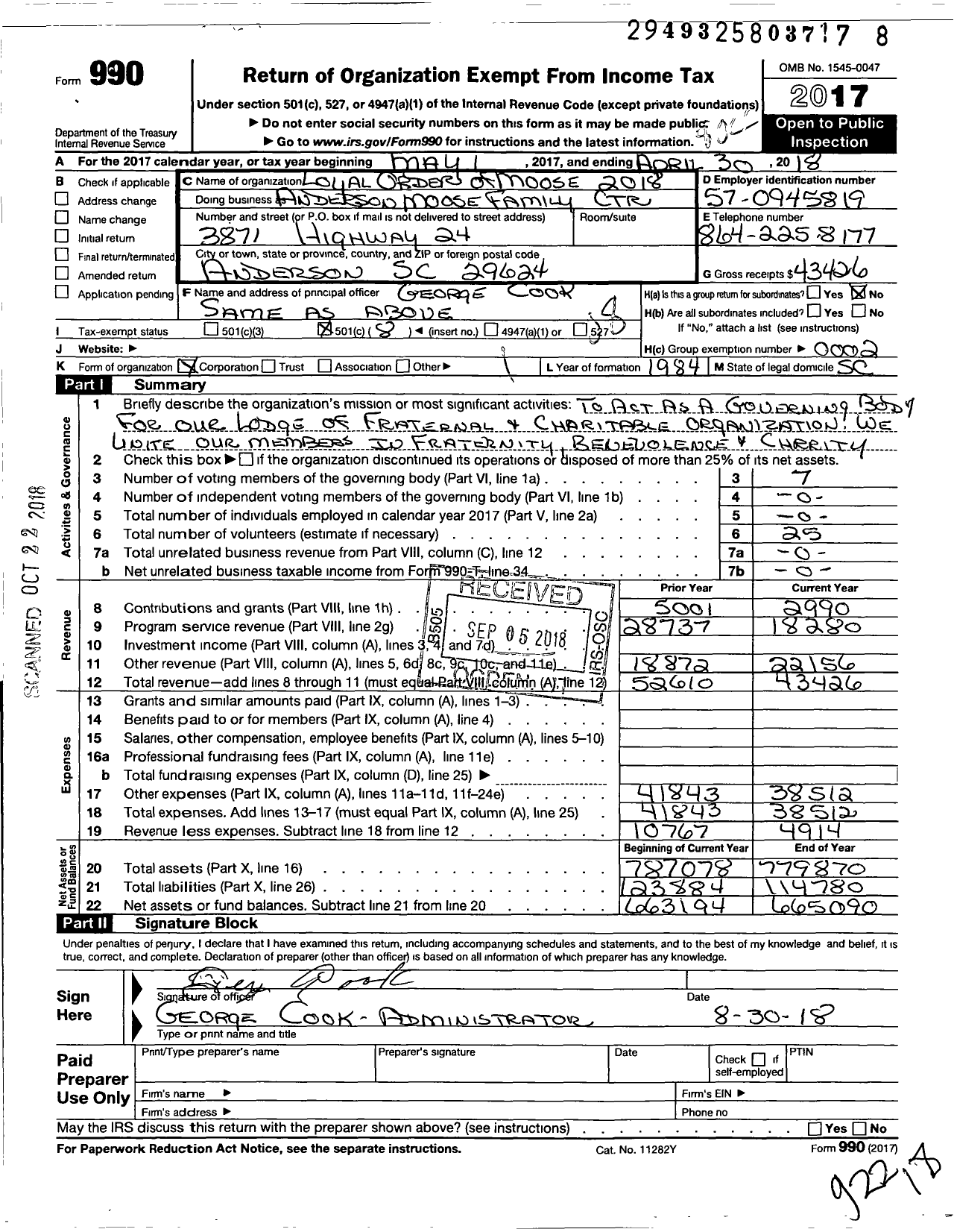 Image of first page of 2017 Form 990O for Loyal Order of Moose - 2018