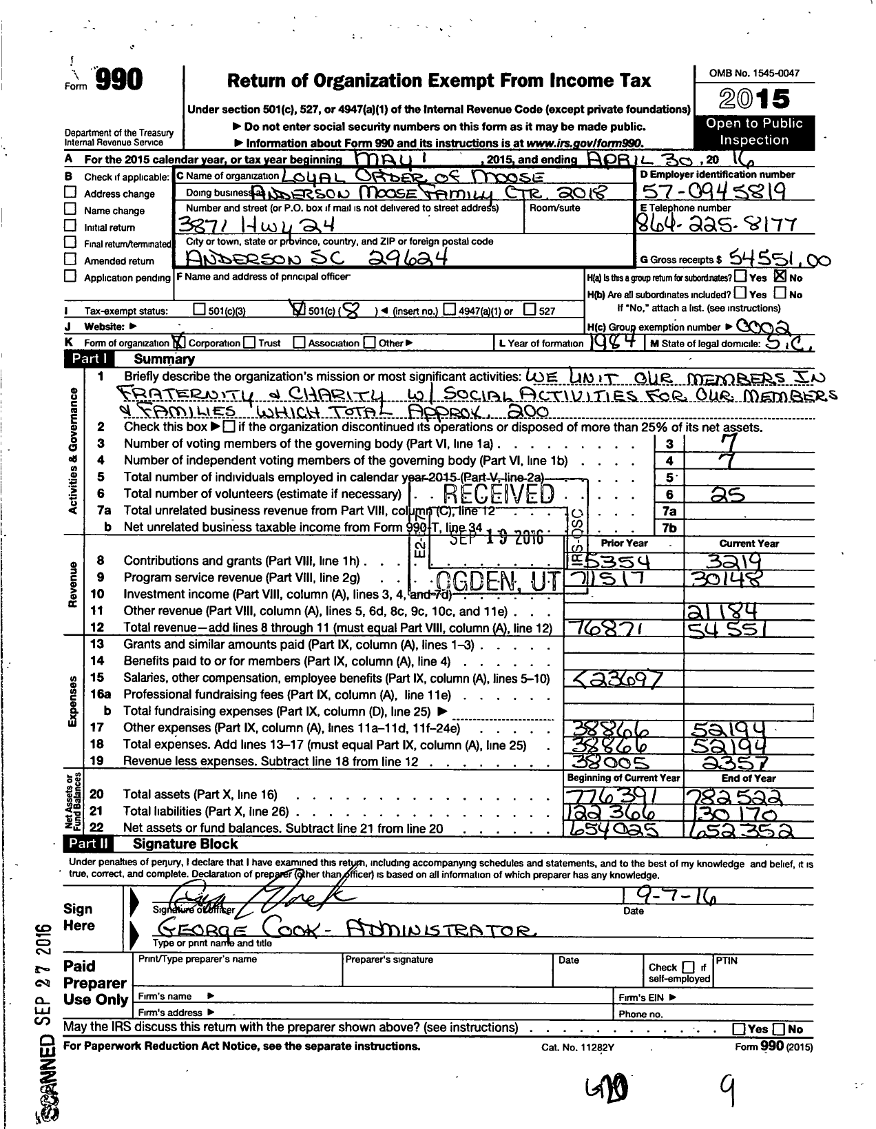 Image of first page of 2015 Form 990O for Loyal Order of Moose - 2018