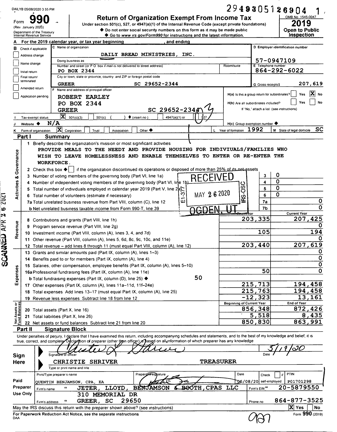 Image of first page of 2019 Form 990 for Daily Bread Ministries