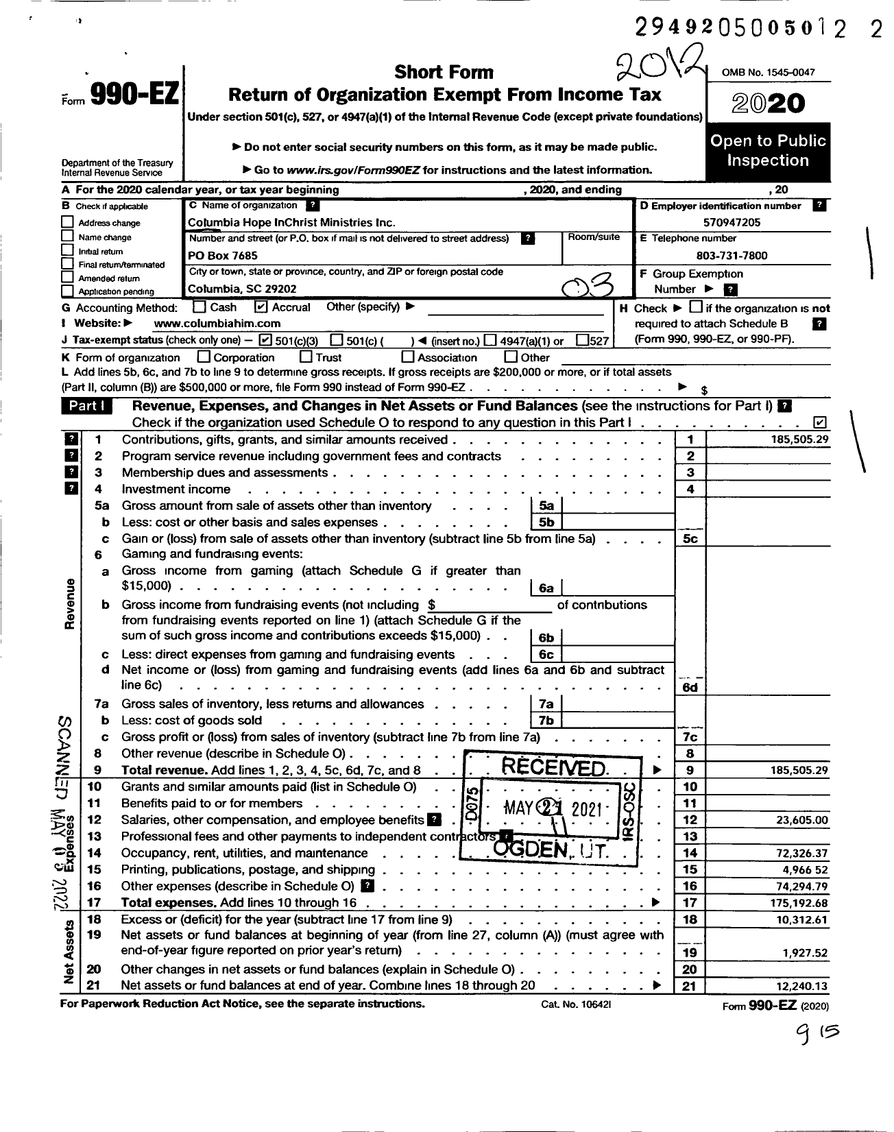 Image of first page of 2020 Form 990EZ for Columbia Hope Inchrist