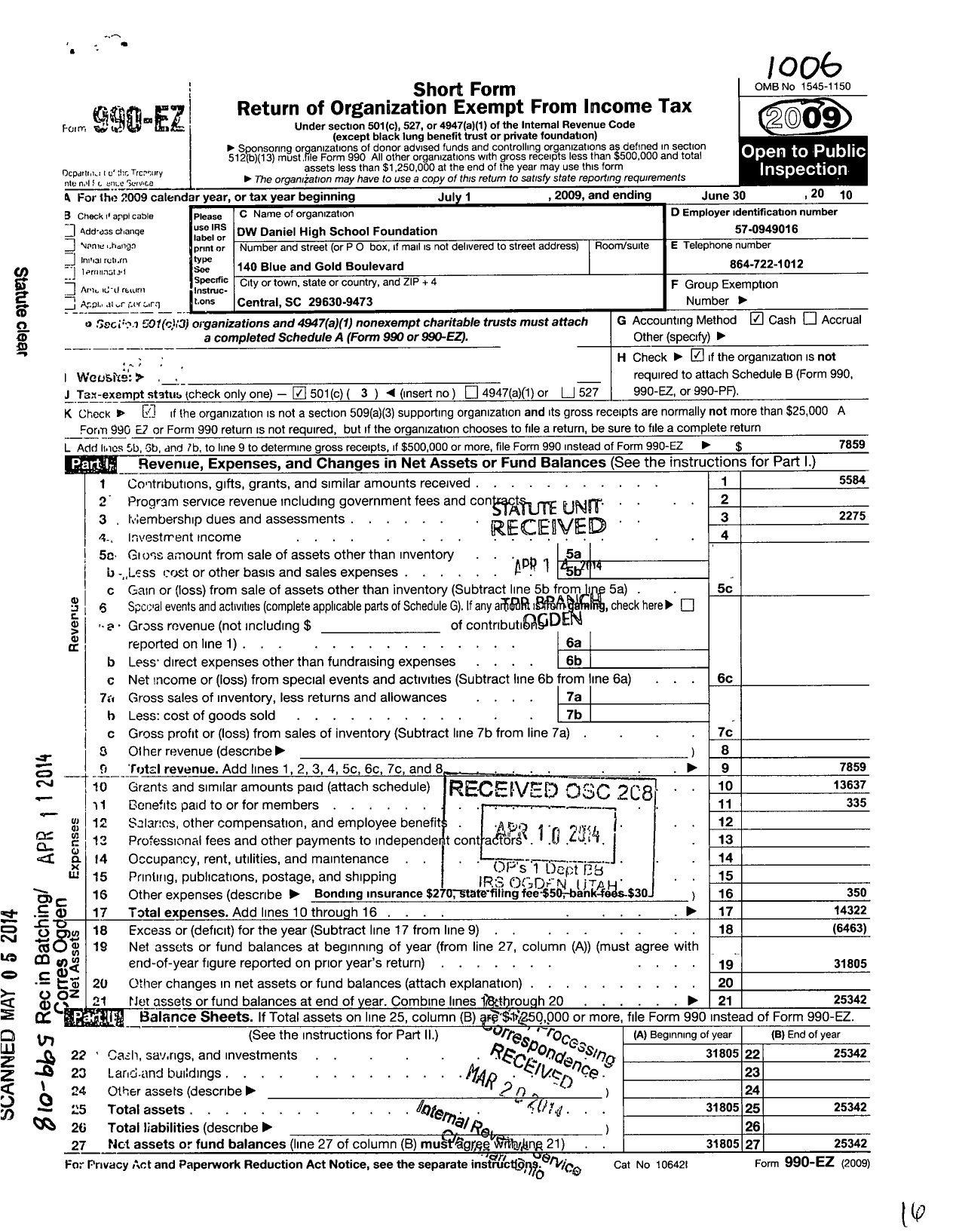 Image of first page of 2009 Form 990EZ for D W Daniel High School Foundation